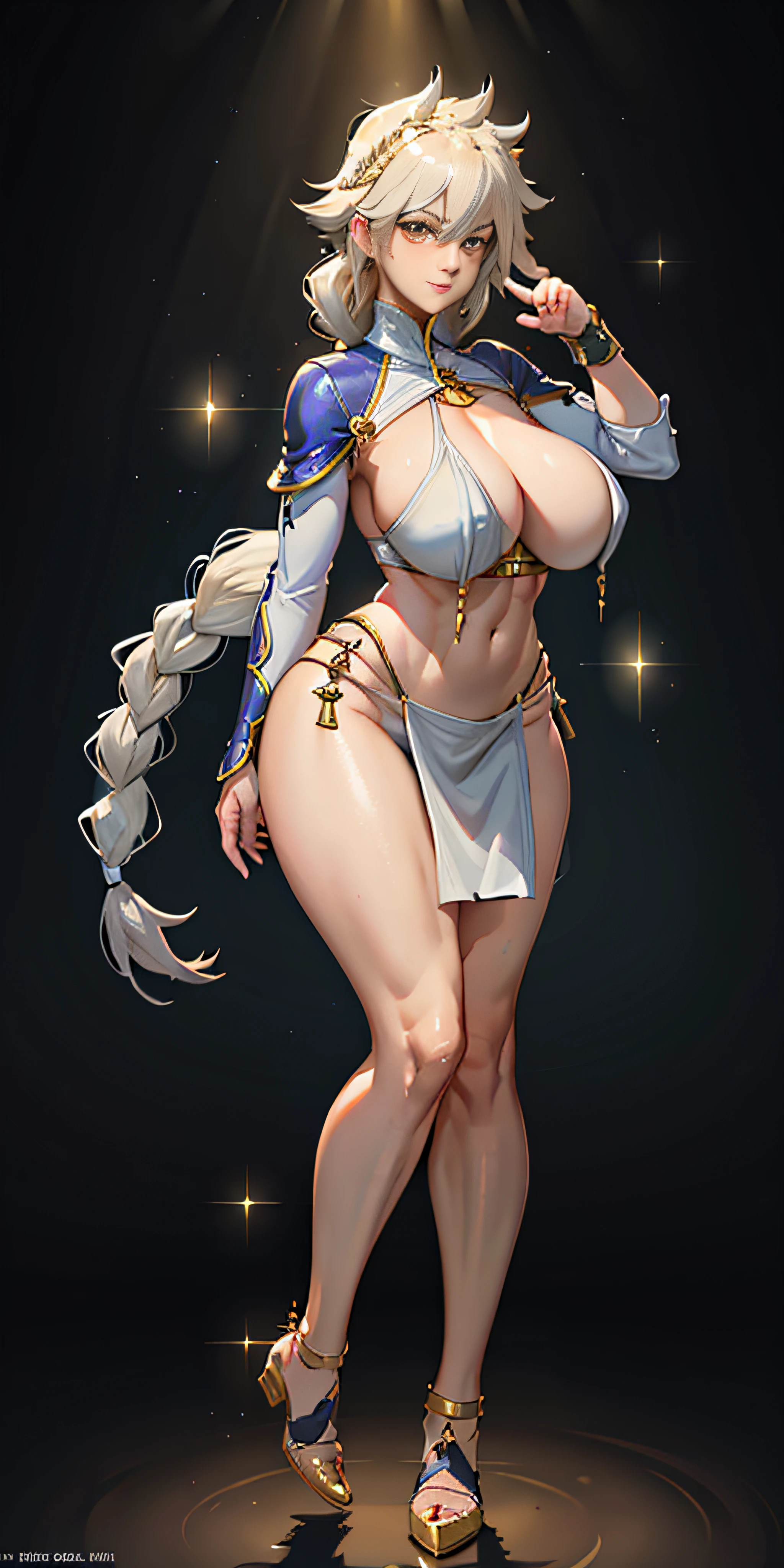 1girl full body standing, nice ass, Hairstyle with a braid, white colored hair, Yellow eyes, perfect lighting, muscular, thights, Mature woman, mummy, bellybutton, Abs, looks at the viewer (tmasterpiece, hiquality: 1.1) ssmile, Extremely huge breasts, Maternal, porcelain skin, extra very long hair, sparkly skin, good face, chest cover