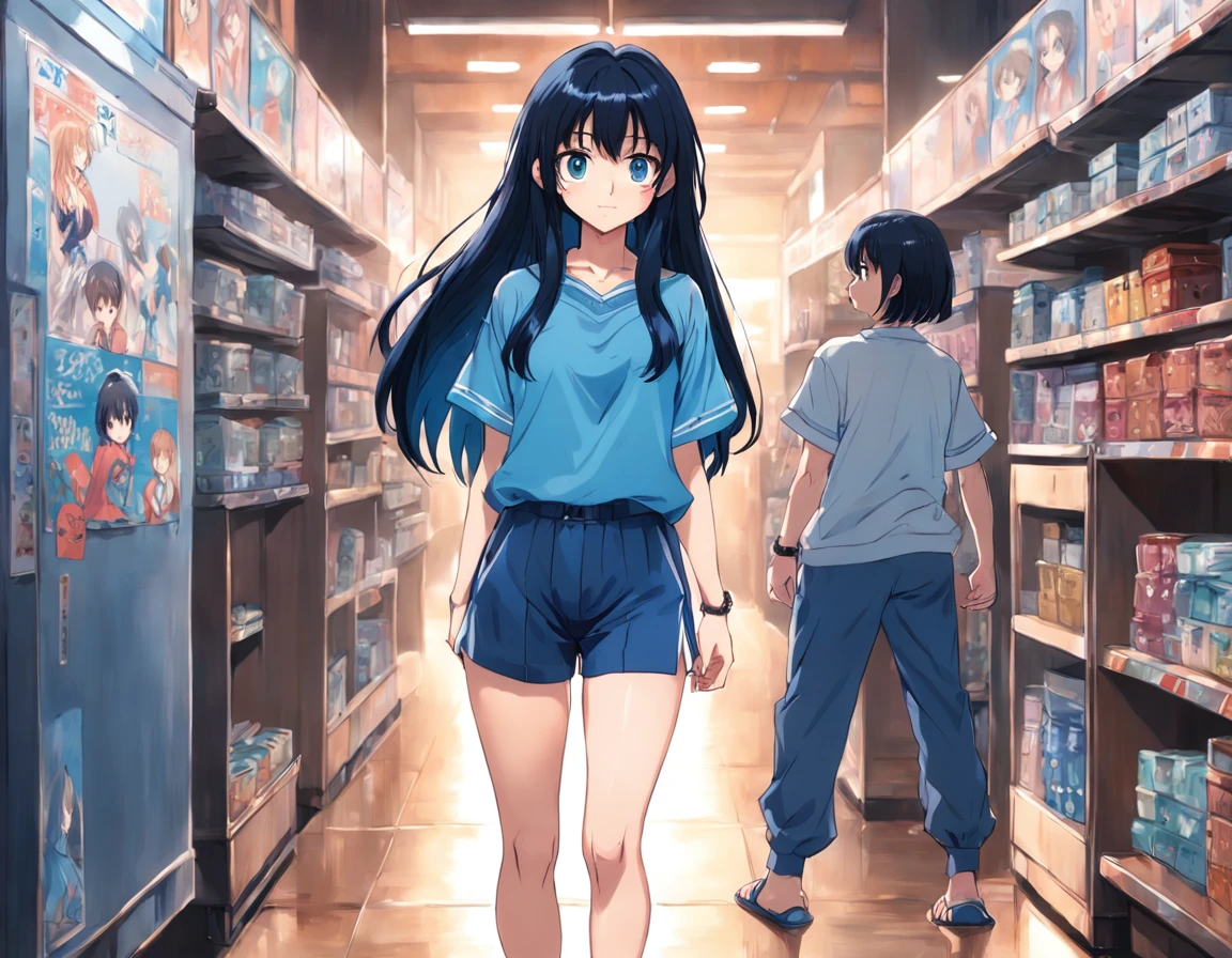 (1girl 1:1) anime girl, tall (black hair) with long straight hair, middle parting(no bangs) blue tight cropped shirt, ((90s anime style)), 1990s art style, puppy eyes, doing standing pose looking straight at the viewer, slightly smiling, full body wearing blue sandals and blue long sweat pants