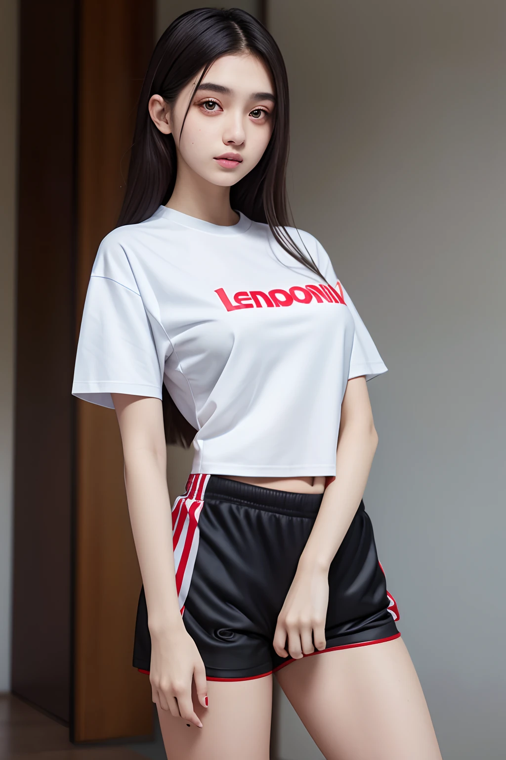 a beautiful 17yo Turki woman, oversize tshirt,sports short pants, detail body and face is holding lenovo laptop