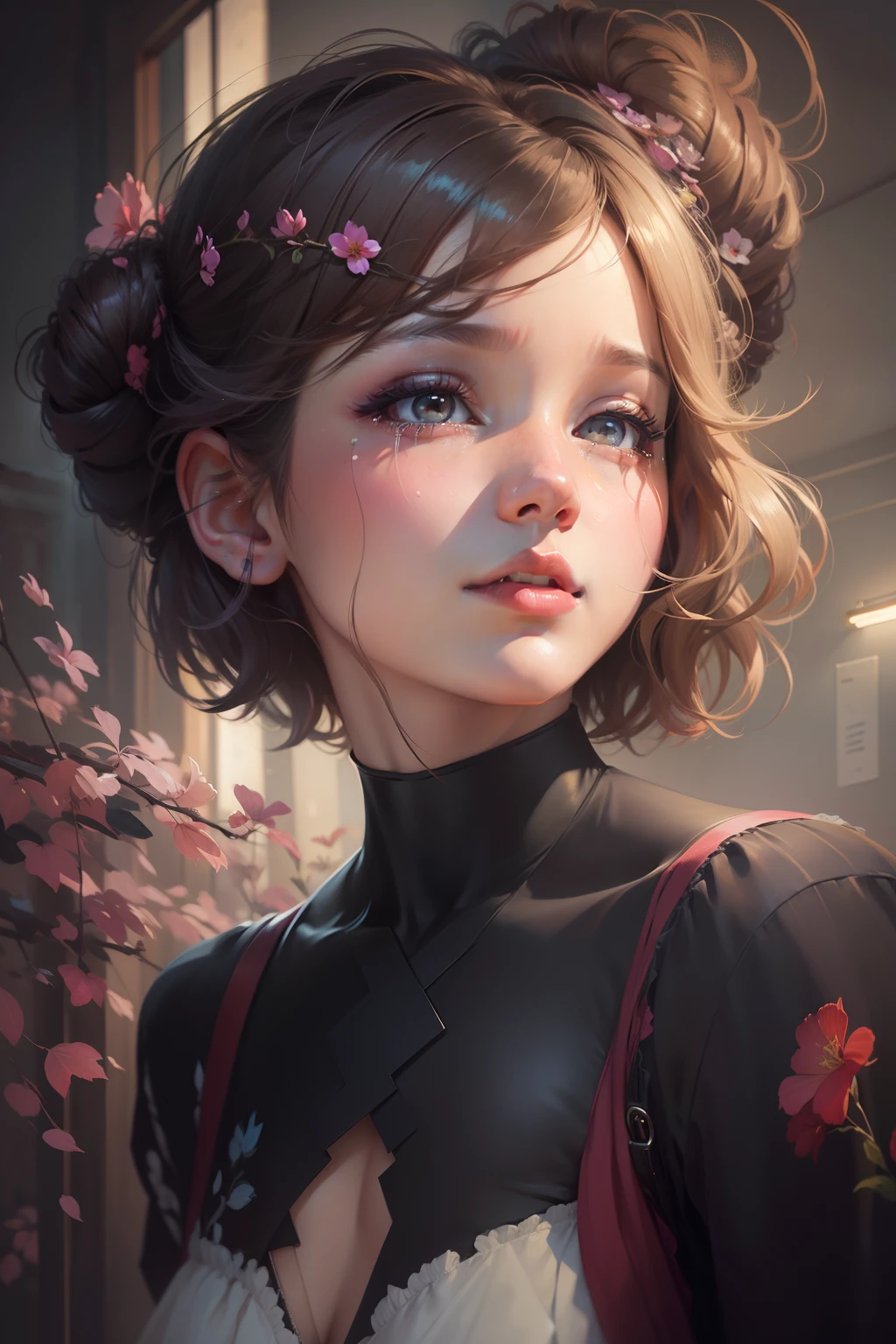 a painting of Jennifer Lawrence looking like Bunty Bailey, a little sadness and tears in her eyes, with Pixie hair style, dreamlike atmosphere, a hyperrealistic painting, notes on top of the drawing, inspired by Yanjun Cheng, artwork in the style of guweiz, detailed digital 3d art, hyperrealistic, detailed, beautiful art uhd 4 k, japanese pop surrealism, painting of beautiful
