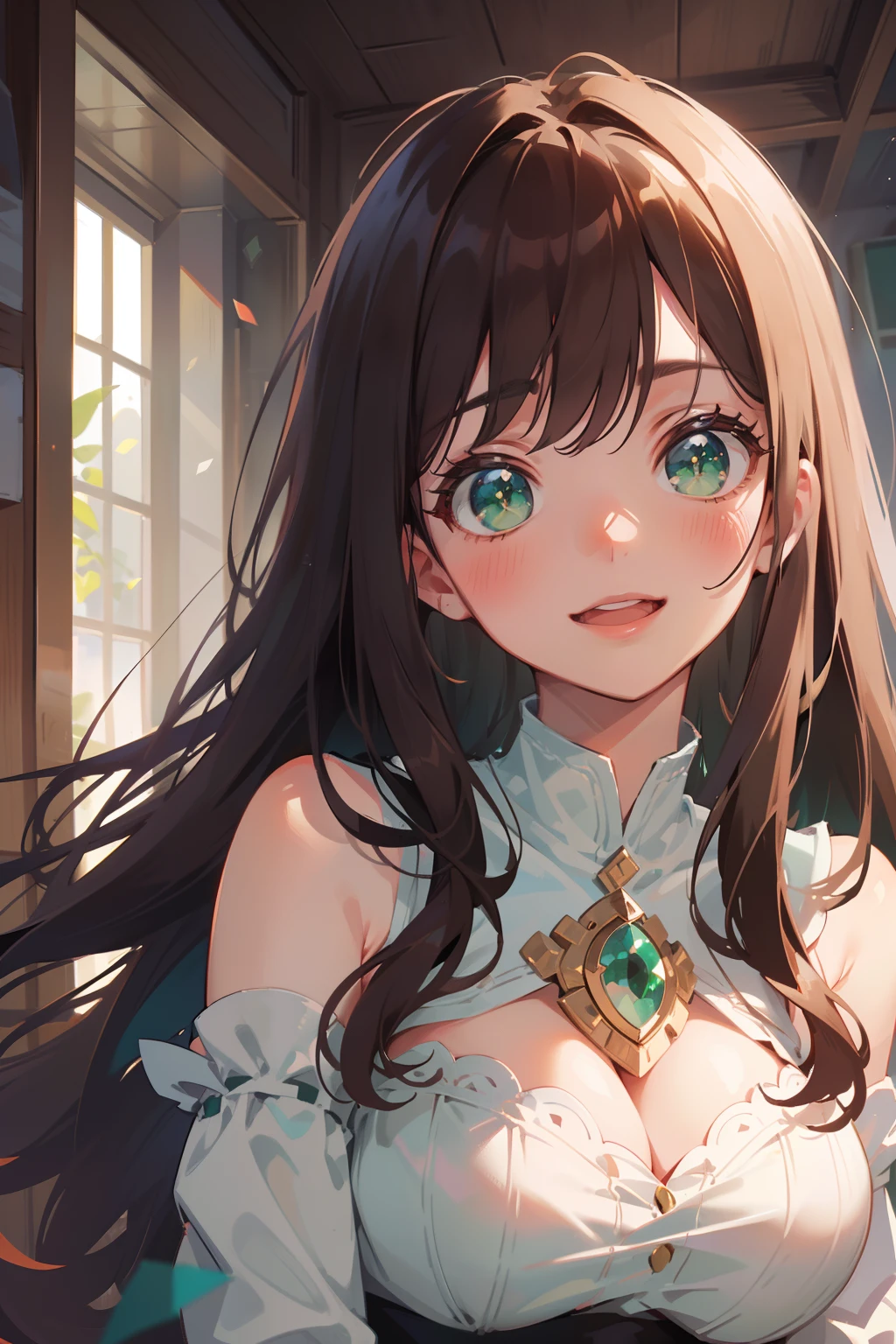 (masterpiece), (best quality), ultra high res, sharp focus, ((1 woman, solo)), upper body, dutch angle, beautiful detailed hair, chestnut brown hair, long hair tumbles down, beautiful detailed face, ((beautiful shape eyes, green eyes)), perfect feminine face, surprise face, smile, open lips, blushing, look at the viewer in disbelief