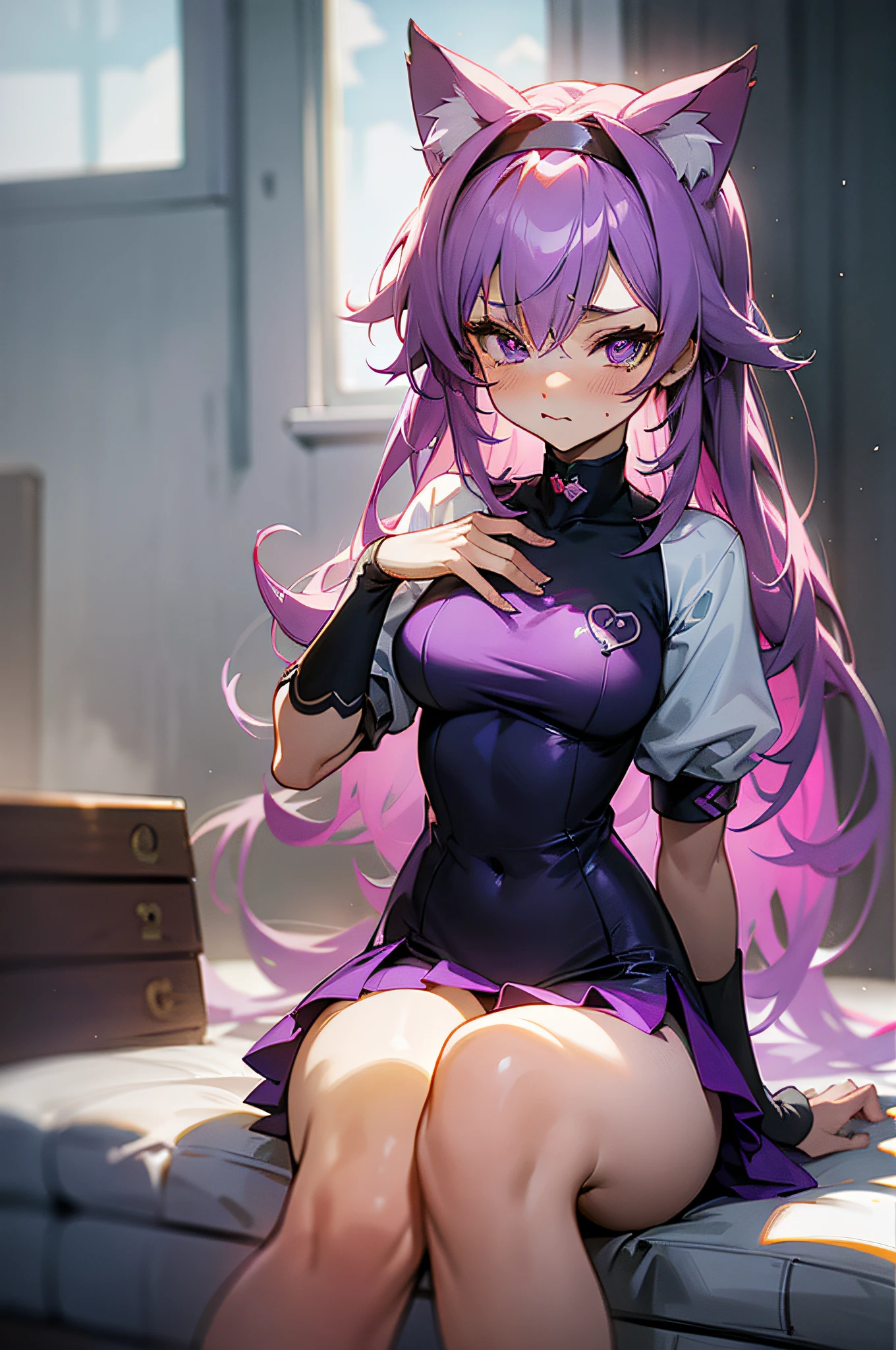 Purple hair, purple hairband, Purple eyes, Colored Contact Lenses, Cat ears, Tsundere, torogao, Naughty face, full bodyesbian, upper legs, Anime style, Ray tracing, Perspective, hyper HD, Masterpiece, ccurate, Anatomically correct, Textured skin, Super detail, High details, High quality, Award-Awarded, Best quality, A high resolution, 4K