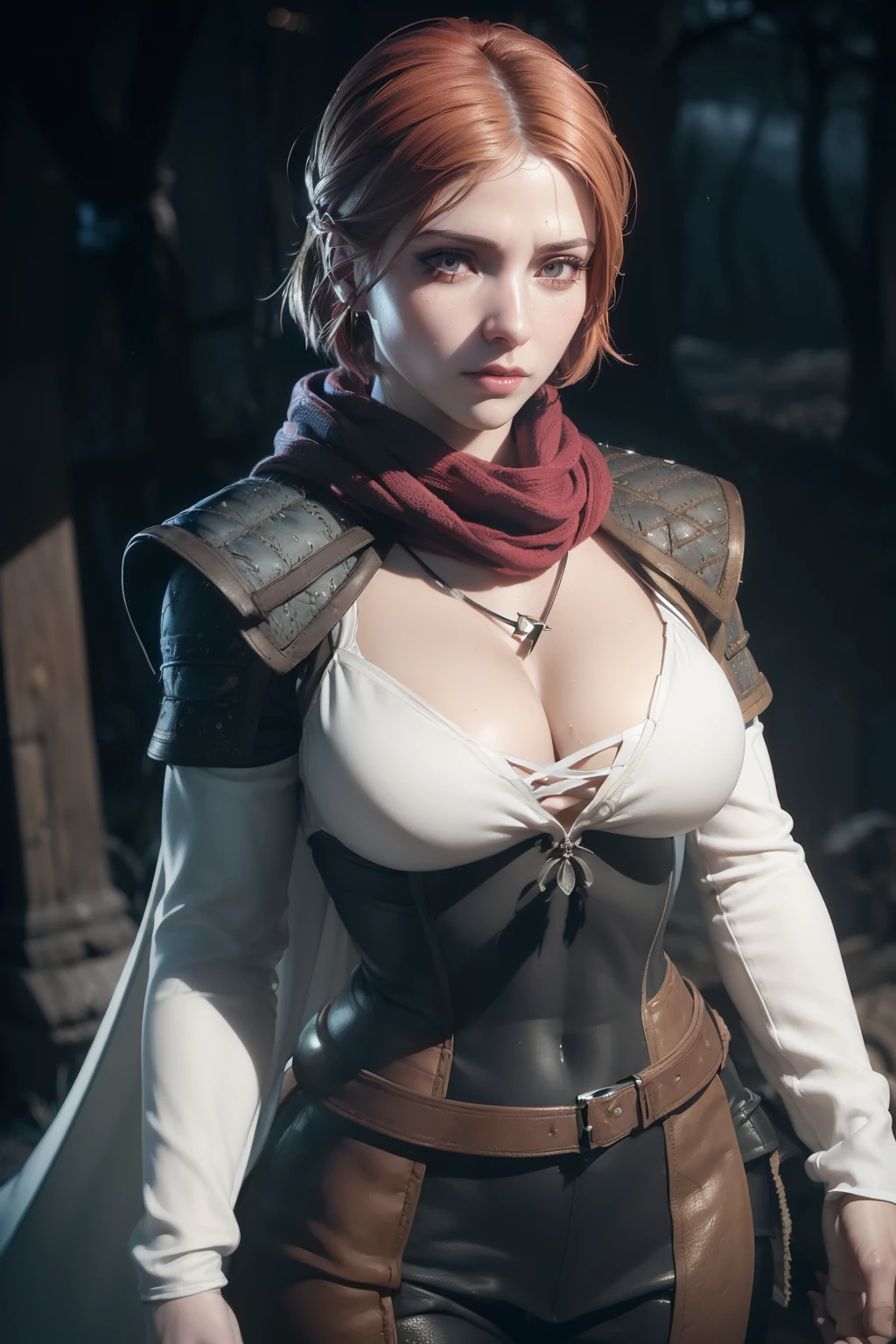 (((The Witcher style aesthetic))) Bust ((half body)) ((beauty shape)) hyperrealistic masterpiece, Superheroine girl in extremely detailed tech tight plugsuit ((with scarf & white cape)), cinematic illumination: highly & extremely detailed with cape & scarf, Unity 8k, pearly perfect wet skin with pores (((pixie bob cut redhead hair & glowing colores highlights locks))) ((perfect face shapes, complete perfect red lips, perfect nose, correct beautiful eyes, eyelashes, detailed intricate iris textured face in ZBrush)), Ultra HD, (((no illumination))), developed by Unreal Engine 5, Ultra Sharp Focus, Art by Alberto Seveso, Sci-Fi, vibrant & intricate Artwork, golden Ratio, epic