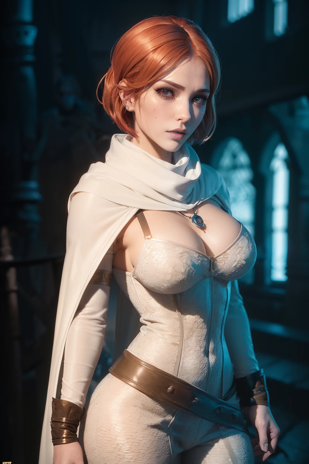(((The Witcher style aesthetic))) Bust ((half body)) ((beauty shape)) hyperrealistic masterpiece, Superheroine girl in extremely detailed tech tight plugsuit ((with scarf & white cape)), cinematic illumination: highly & extremely detailed with cape & scarf, Unity 8k, pearly perfect wet skin with pores (((pixie bob cut redhead hair & glowing colores highlights locks))) ((perfect face shapes, complete perfect red lips, perfect nose, correct beautiful eyes, eyelashes, detailed intricate iris textured face in ZBrush)), Ultra HD, (((no illumination))), developed by Unreal Engine 5, Ultra Sharp Focus, Art by Alberto Seveso, Sci-Fi, vibrant & intricate Artwork, golden Ratio, epic