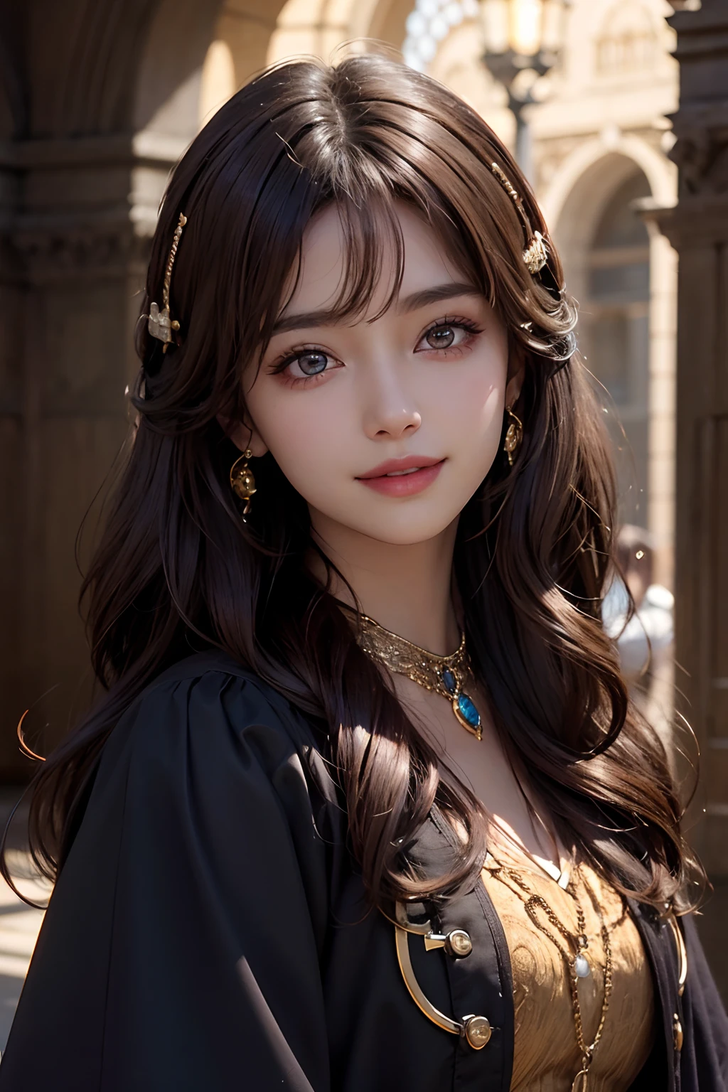 Brown hair, hair over shoulder, hair clips, colored contact lenses, smiley, Jewelry, Chiaroscuro, Cinematic lighting, NIKON, 85 mm, High quality, 8K, Best Quality, Super Detail