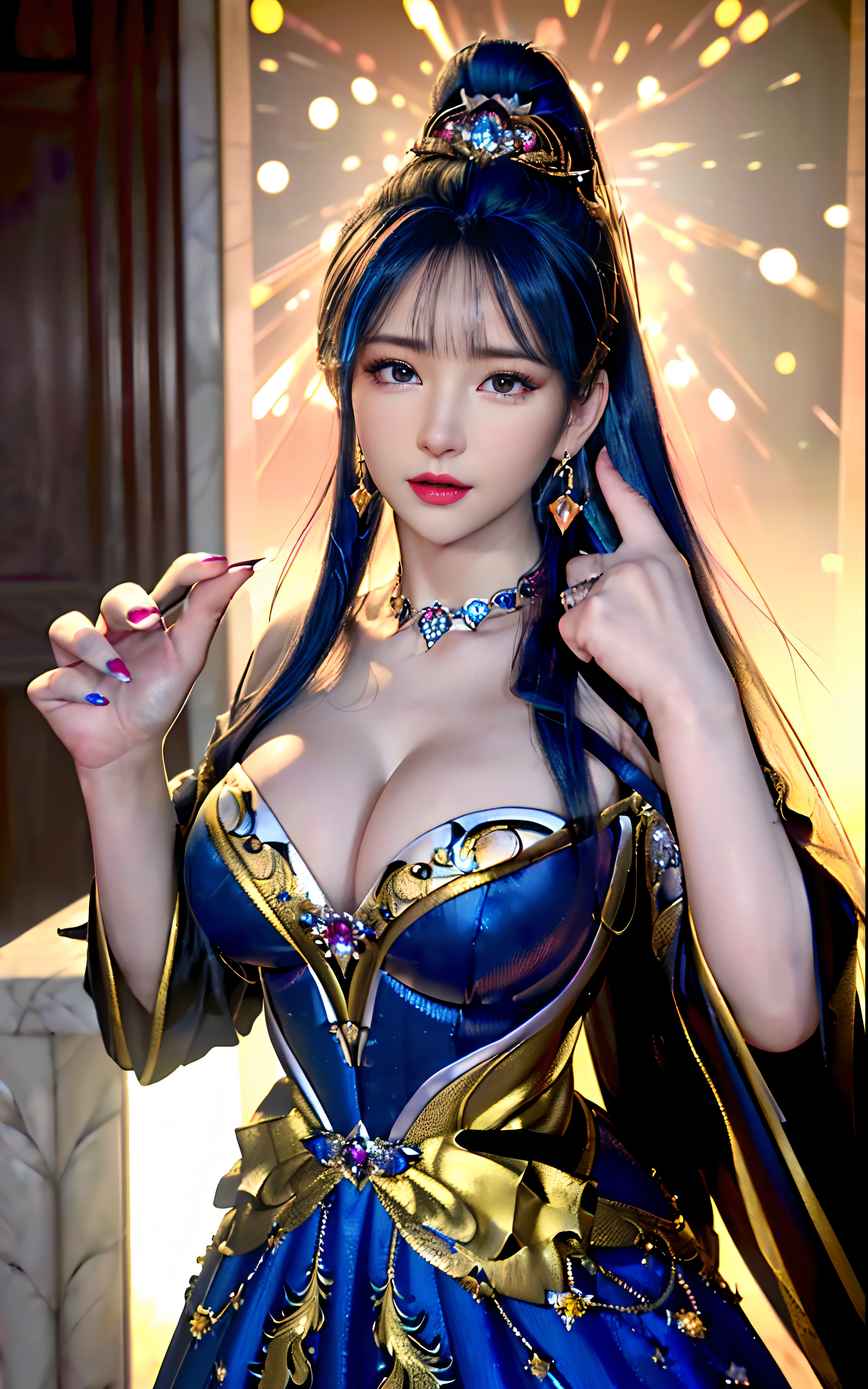 ((realisticity: 1.2)), ((realistic: 8K UHD)), ((best resolution: 8K UHD)), hyper detailed, best quality,masterpiece,highres,cg, ((1 girl hyper detailed and hyper realistic) ) , ((beautiful queen, hyper realistic and hyper detailed)),((white skin, beautiful, smooth, youthful, hyper realistic and hyper detailed )), ((Face hyper beautiful, white, hyper realistic and hyper detailed ) ), long hair, ((hyper realistic and hyper detailed dress)), solo, ((hyper realistic, hyper beautiful, beautiful and hyper detailed jewelry)), ((hyper beautiful deep red and golden yellow dress, hyper realistic and hyper detailed )) , ((Her pretty, hyper realistic, hyper detailed diamond filled earrings)), ((Her gorgeous diamond haircut, hyper realistic and hyper detailed)), ((hyper pretty upper body, hyper beautiful, hyper realistic and hyper detailed) ), ((medium breast: 1.1)), ((hyper realistic, hyper pretty, hyper detailed boobs)), ((the backgroun of the royal palace is hyper majestic, hyper realistic and hyper detailed)),((hands and palms hyper beautiful, hyper detailed, hyper realistic)), ((hyper detailed and hyper realistic fingers and fingernails)), ((hyper pretty fingernails, hyper vivid, hyper detailed, hyper realistic)), ((thumb, index finger, middle finger, ring finger, little finger hyper vivid, hyper pretty, hyper detailed, hyper realistic)),
((hyper beautiful fingers, hyper detailed, and hyper realistic)), ((posture not too fat and not too thin, hyper realistic, hyper detail)), ((hyper pretty, hyper pretty, hyper realistic and hyper detailed hair bun)), ((hyper pretty , hyper realistic and hyper detailed blue hair)), candid, Photo, high resolution, 8k , bokeh,