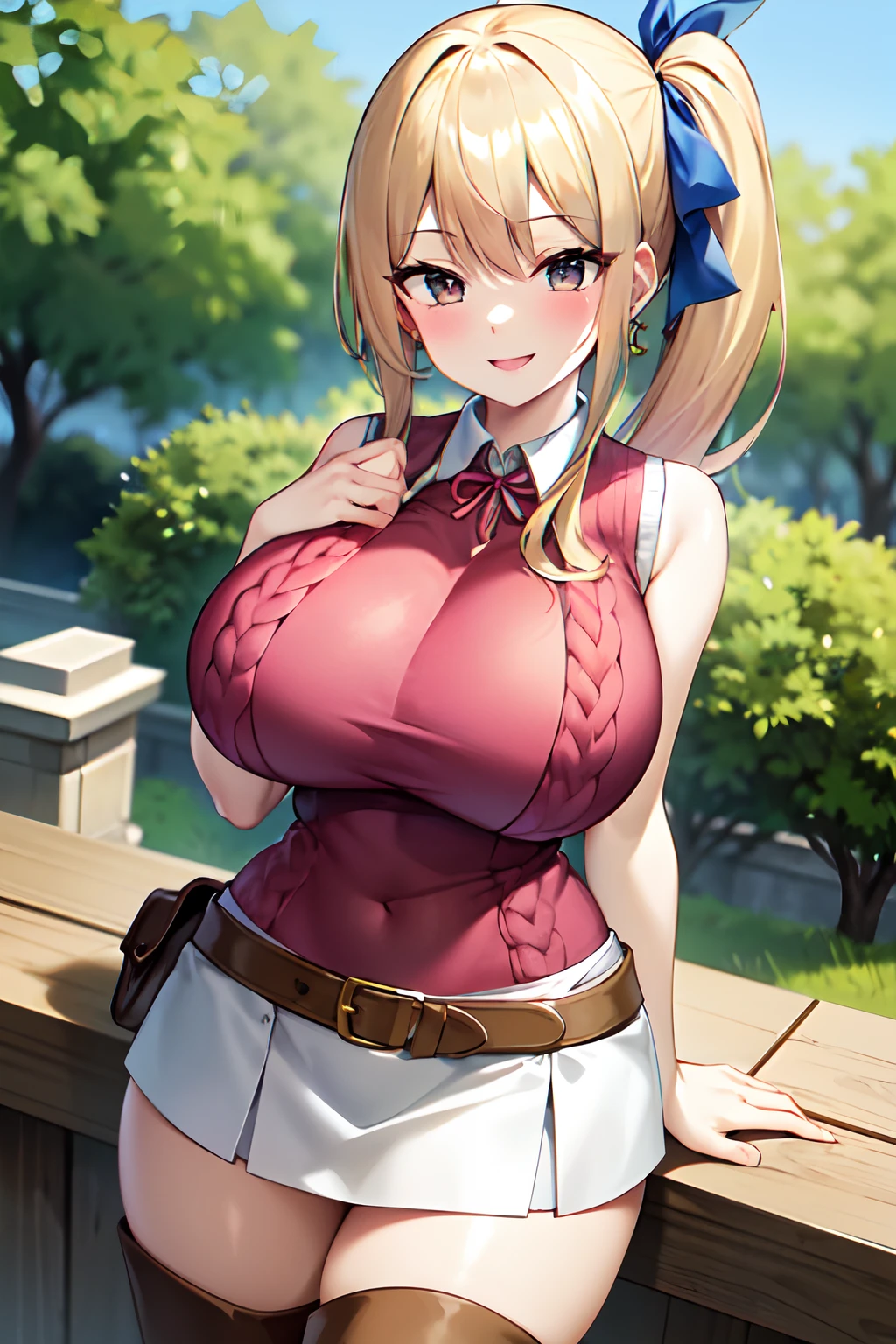 Masterpieces, best quality, High Definition, Lucy Heartphilia, Blonde hair, Long hair, Side Ponytail, Blue Ribbon, large full breasts, Earring, (Perfect beautiful pink sleeveless knit:1.4)、Thigh boots, White skirt, Smiling face, plein air, Cowboy Shot, shiny oily skin with high contrast,, huge long breasts, Naughty big、Big breasts emphasis、Naughty thighs、H cup、Solo、