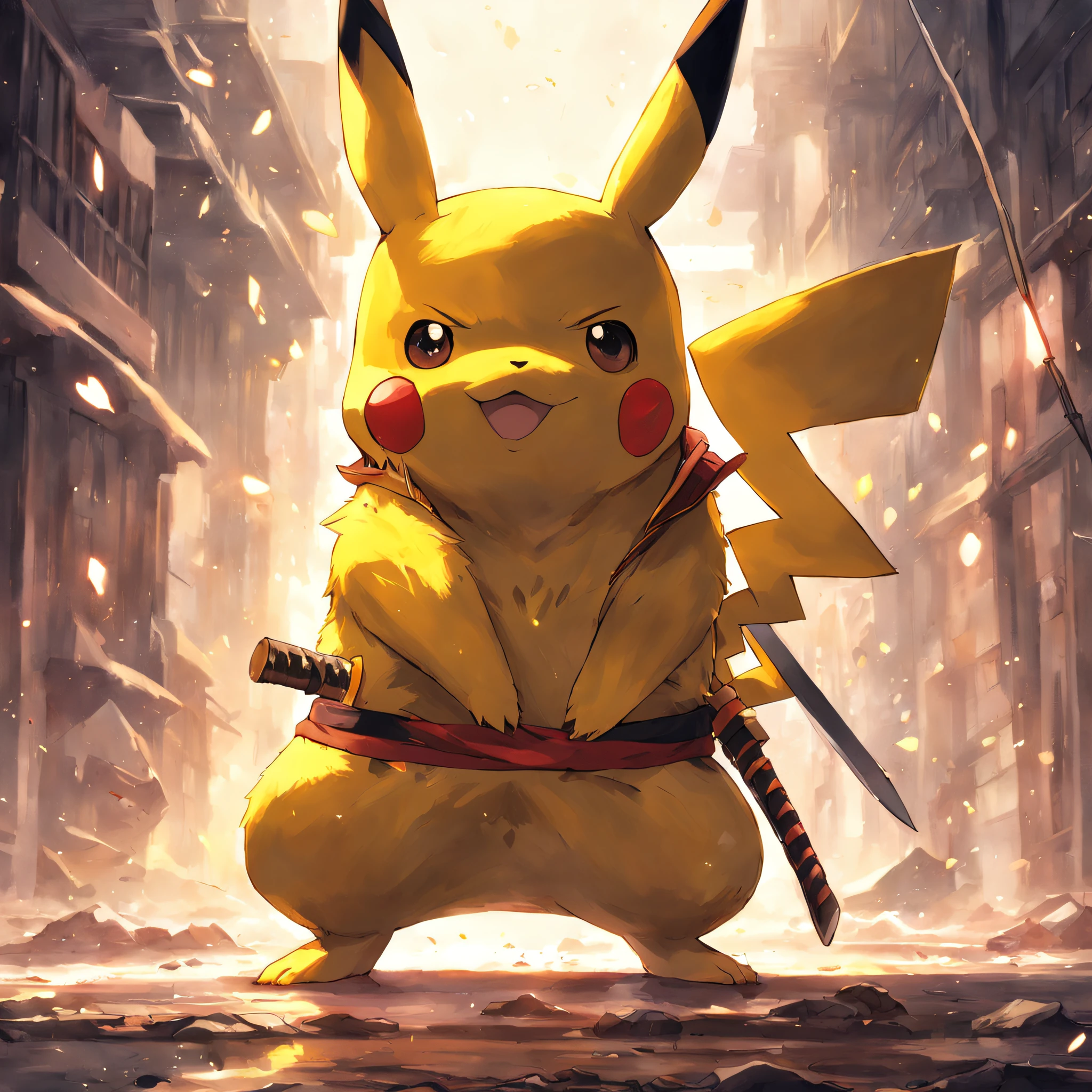 Crear una imagen de un pikachu humanoide arrodillado, Sostener una katana y levantarla, Make him an adult, samurai