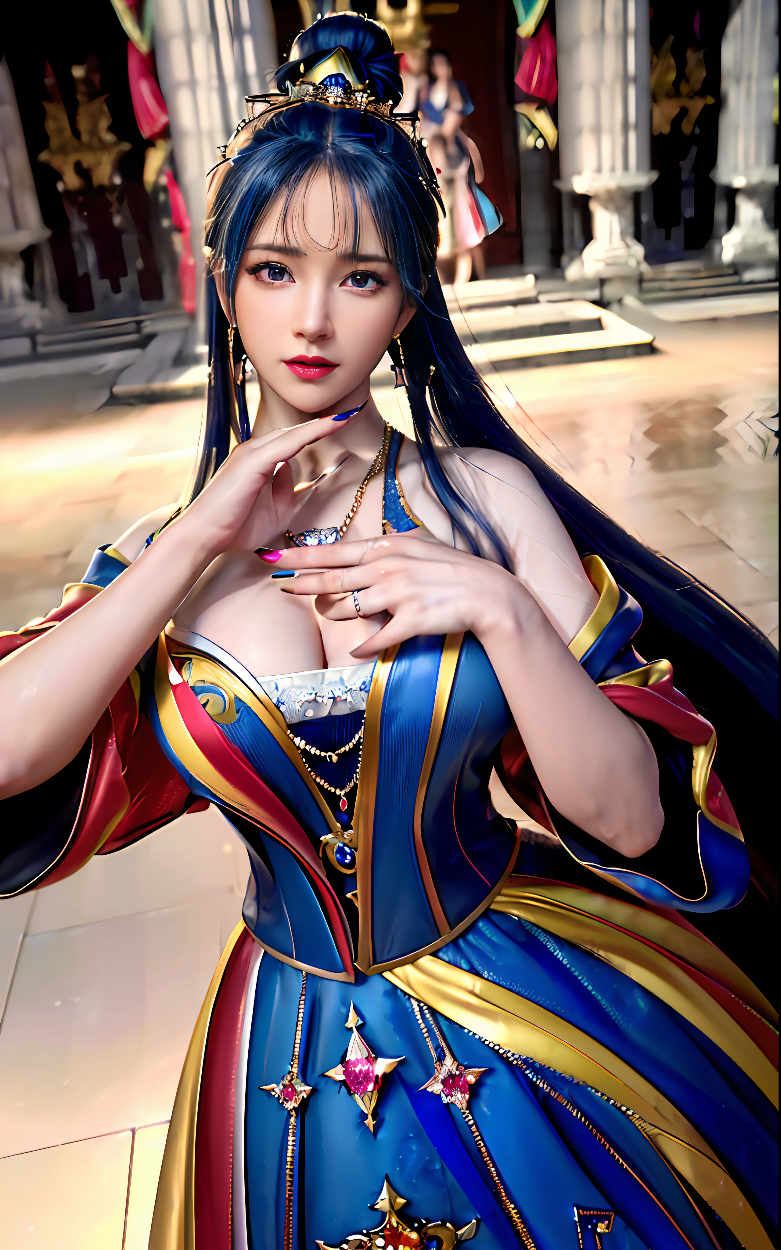 ((realisticity: 1.2)), ((realistic: 8K UHD)), ((best resolution: 8K UHD)), hyper detailed, best quality,masterpiece,highres,cg, ((1 girl hyper detailed and hyper realistic) ) , ((beautiful queen, hyper realistic and hyper detailed)),((white skin, beautiful, smooth, youthful, hyper realistic and hyper detailed )), ((Face hyper beautiful, white, hyper realistic and hyper detailed ) ), long hair, ((hyper realistic and hyper detailed dress)), solo, ((hyper realistic, hyper beautiful, beautiful and hyper detailed jewelry)), ((hyper beautiful deep red and golden yellow dress, hyper realistic and hyper detailed )) , ((Her pretty, hyper realistic, hyper detailed diamond filled earrings)), ((Her gorgeous diamond haircut, hyper realistic and hyper detailed)), ((hyper pretty upper body, hyper beautiful, hyper realistic and hyper detailed) ), ((medium breast: 1.1)), ((hyper realistic, hyper pretty, hyper detailed boobs)), ((the backgroun of the royal palace is hyper majestic, hyper realistic and hyper detailed)),((hands and palms hyper beautiful, hyper detailed, hyper realistic)), ((hyper detailed and hyper realistic fingers and fingernails)), ((hyper pretty fingernails, hyper vivid, hyper detailed, hyper realistic)), ((thumb, index finger, middle finger, ring finger, little finger hyper vivid, hyper pretty, hyper detailed, hyper realistic)),  
((hyper beautiful fingers, hyper detailed, and hyper realistic)), ((posture not too fat and not too thin, hyper realistic, hyper detail)), ((hyper pretty, hyper pretty, hyper realistic and hyper detailed hair bun)), ((hyper pretty , hyper realistic and hyper detailed blue hair)), candid, Photo, high resolution, 8k , bokeh,