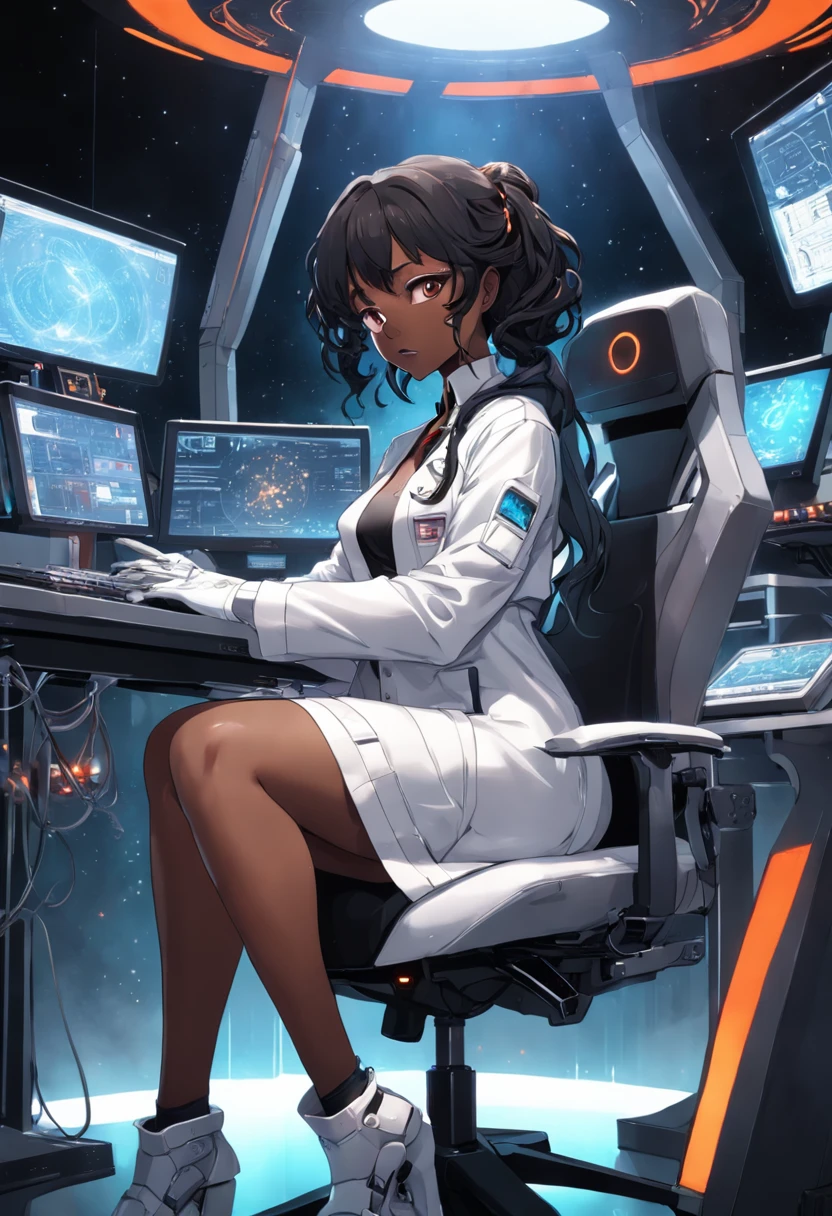 raw, wide angle, A 50-year-old man. Reddish black skin Black hair wavy at the shoulders. In the lab, sitting in a chair in front of a futuristic computer screen, wearing glasses, dark-eyed with little beard. cyber black inner dress White Lab Coat, Brown coffee mug Put on the table., The Hologram astronomical lab displays star data., hardware, Bright environment, Neon, ((cyberpunked))