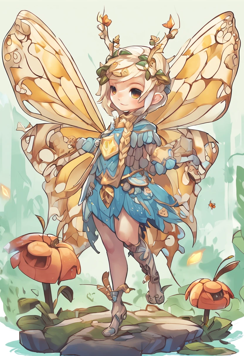 1 bit blonde,Mature royal sister butterfly anthropomorphic character with blue butterfly wings with a seven-star ladybug pet mini-hench,pixie character,character art of maple story,water fairy,official character art,faeries,tiny faeries,Official artwork,Fairy,changelingcore,8K,League of Legends art style,Alex Flores,Half body white background