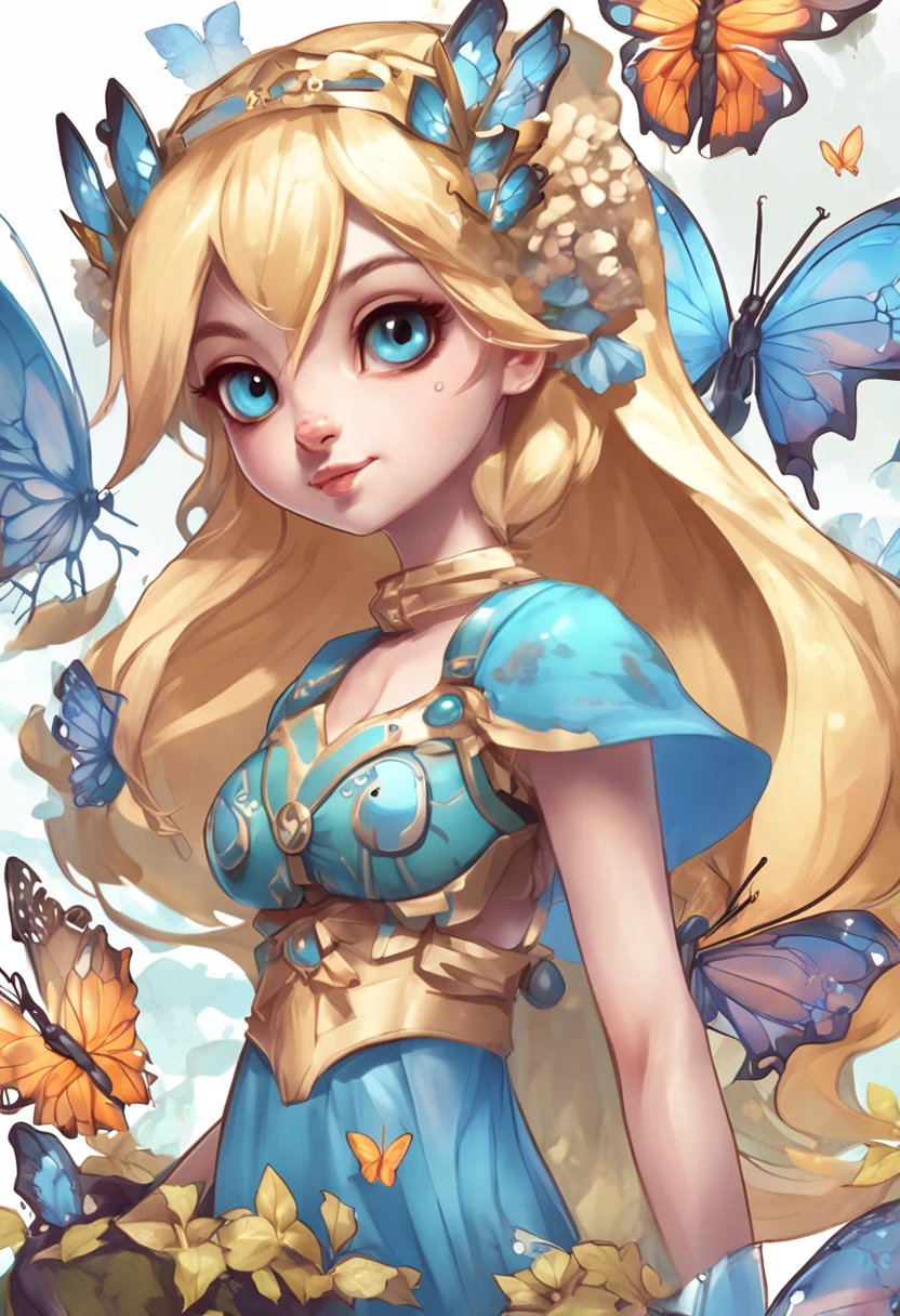 1 bit blonde，Mature royal sister butterfly anthropomorphic character with blue butterfly wings with a seven-star ladybug pet mini-hench，pixie character，character art of maple story，water fairy，official character art，faeries，tiny faeries，Official artwork，Fairy，changelingcore，8K，League of Legends art style，Alex Flores，Half body white background