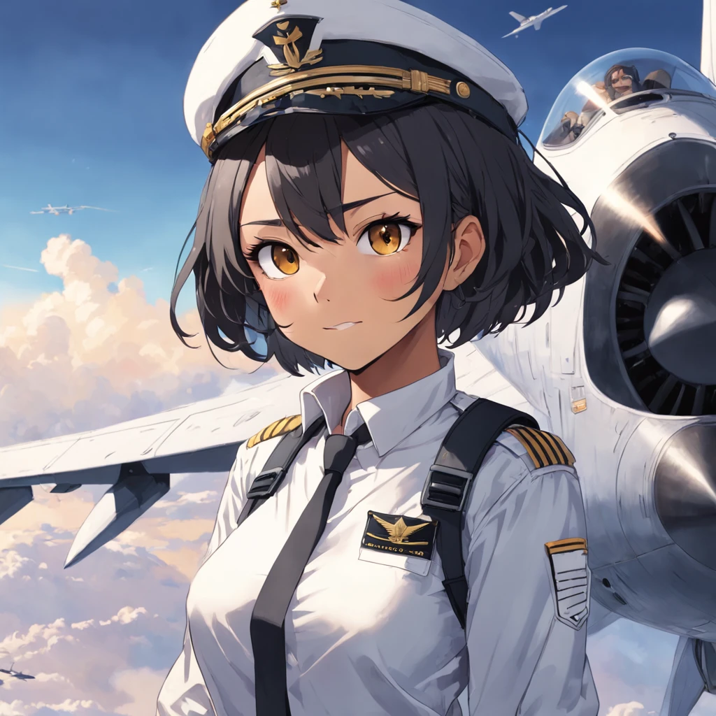Amid Faux ASI's aviation bliss, a sudden twist upends his life. Escalating conflict leads to his unexpected draft into the Airforce. From the peaceful skies, he's thrust into the cockpit of fighter jets—F-16C for precision strikes, F-22 for air superiority, F-35 for versatile missions, and A-10 for ground support. Under the callsign "Senpai 1-1," Faux must embrace this new role. 1girl, short black bob hair, yellow eyes, Round glasses, tan skin,dark skin ,DARK BROWN SKIN, SHE HAS BROWN SKIN, petite body, wearing plain white formal work shirt, wearing long black pants, business tie, absurdres, high res, ultrasharp, 8k, masterpiece, looking at viewer, cat ears, airline pilot uniform, airline pilot hat, white background, short sleeve, bangs, flat chest, whiskers, androgynous, she has cat ears on her head, she has cat teeth, cloudy background, holding pet black cat, smiling, large round glasses, no airplanes, airplane cabin background, wearing a choker on neck, collar on her neck, F-18 cockpit