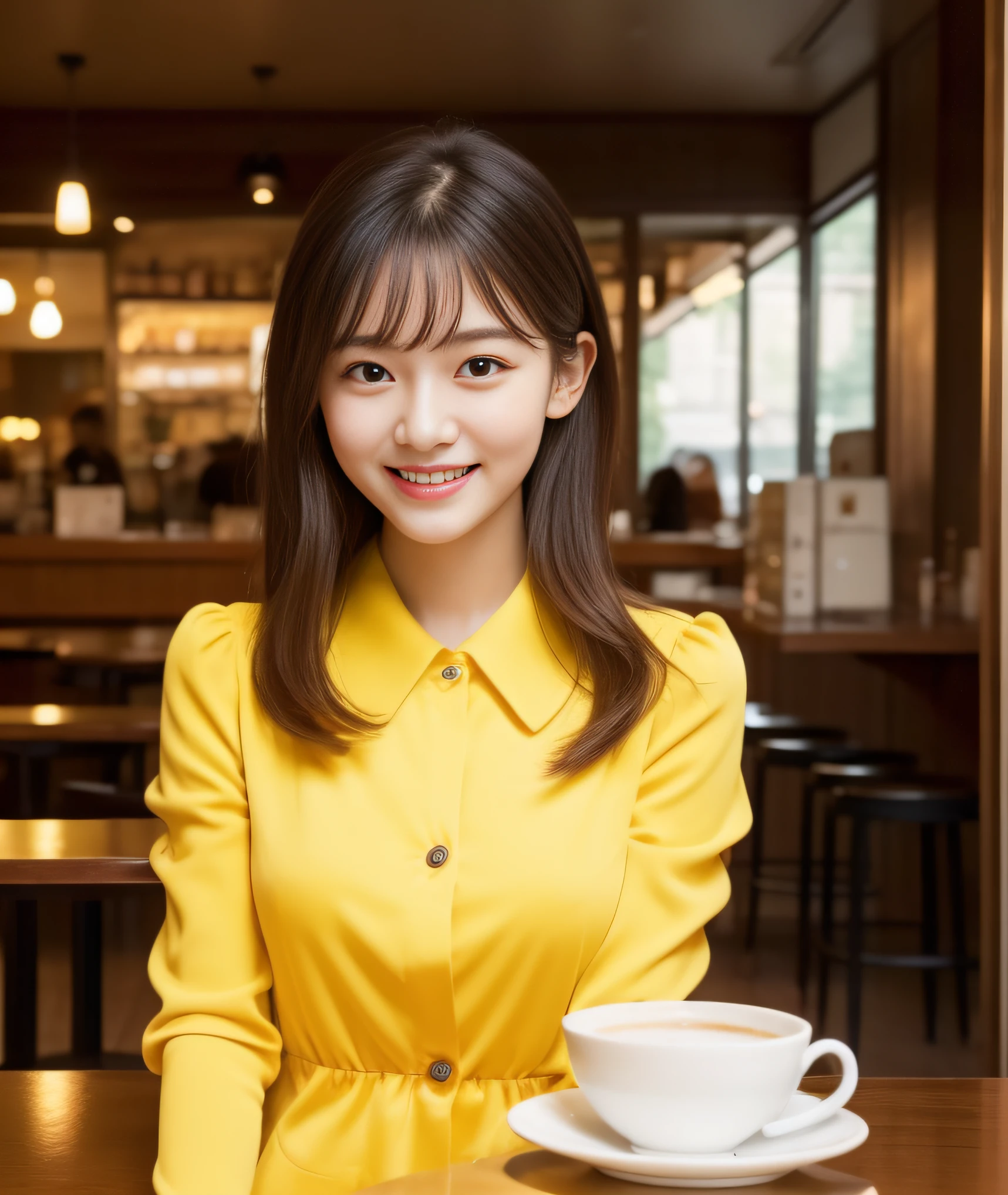 ((best quality, 8K, masterpiece: 1.3)), beautiful girl, pure, melon face, kind and cute, sweet smile, pure desire, slender body, (front), (tilted head), ((looking at camera) ), wearing a yellow suit, yellow skirt, black silky medium hair, long flowing shoulders, round black big eyes, clear big eyes, moist red lips, sweet, sitting in a cafe, cafe background , ((((whole body)))),