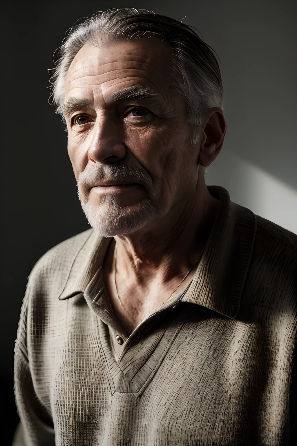 (masterpiece, photorealistic, raw,:1.4), (extremely intricate:1.2), close up, cinematic light, sidelighting, ultra high res, best shadow, RAW, upper body, old man, wearing pullover,