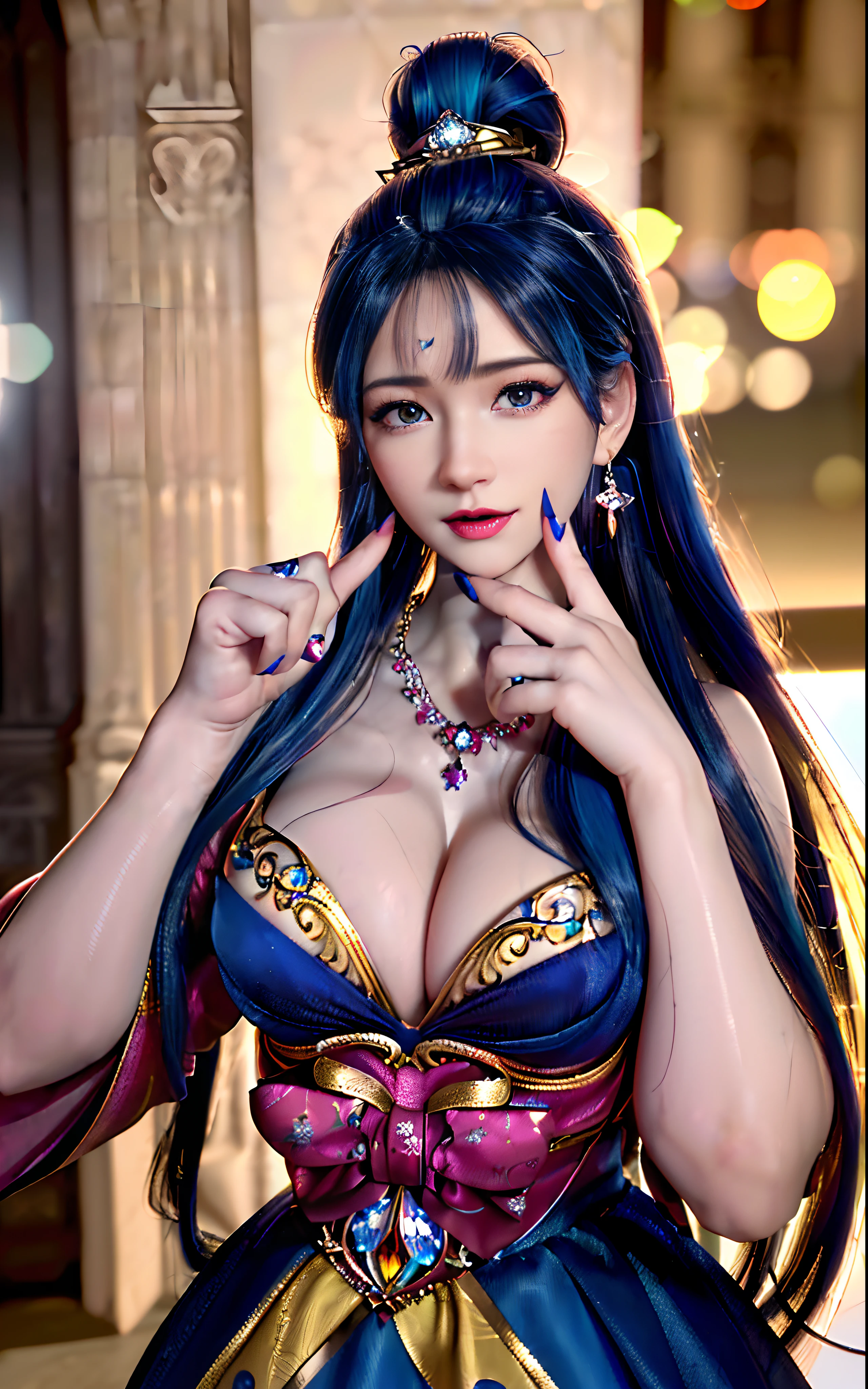 ((realisticity: 1.2)), ((realistic: 8K UHD)), ((best resolution: 8K UHD)), hyper detailed, best quality,masterpiece,highres,cg, ((1 girl hyper detailed and hyper realistic) ) , ((beautiful queen, hyper realistic and hyper detailed)),((white skin, beautiful, smooth, youthful, hyper realistic and hyper detailed )), ((Face hyper beautiful, white, hyper realistic and hyper detailed ) ), long hair, ((hyper realistic and hyper detailed dress)), solo, ((hyper realistic, hyper beautiful, beautiful and hyper detailed jewelry)), ((hyper beautiful deep red and golden yellow dress, hyper realistic and hyper detailed )) , ((Her pretty, hyper realistic, hyper detailed diamond filled earrings)), ((Her gorgeous diamond haircut, hyper realistic and hyper detailed)), ((hyper pretty upper body, hyper beautiful, hyper realistic and hyper detailed) ), ((medium breast: 1.1)), ((hyper realistic, hyper pretty, hyper detailed boobs)), ((the backgroun of the royal palace is hyper majestic, hyper realistic and hyper detailed)),((hands and palms hyper beautiful, hyper detailed, hyper realistic)), ((hyper detailed and hyper realistic fingers and fingernails)), ((hyper pretty fingernails, hyper vivid, hyper detailed, hyper realistic)), ((thumb, index finger, middle finger, ring finger, little finger hyper vivid, hyper pretty, hyper detailed, hyper realistic)),
((hyper beautiful fingers, hyper detailed, and hyper realistic)), ((posture not too fat and not too thin, hyper realistic, hyper detail)), ((hyper pretty, hyper pretty, hyper realistic and hyper detailed hair bun)), ((hyper pretty , hyper realistic and hyper detailed blue hair)), candid, Photo, high resolution, 8k , bokeh,