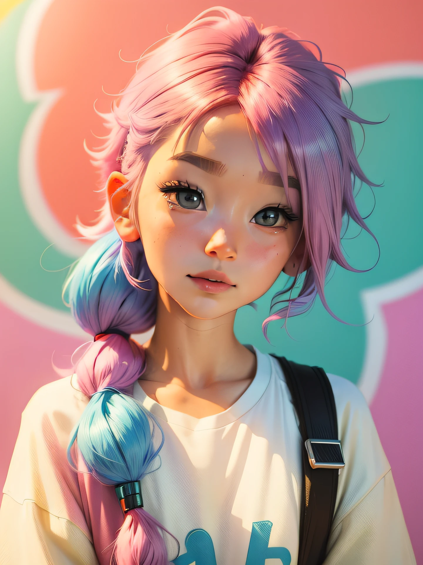 a close up of a person with a colorful hair and a shirt, anime inspired, beautiful anime style, cute colorful adorable, anime style mixed with fujifilm, colorful pigtail, style anime, anime vibes, anime girl in real life, anime style, anime girl with cosmic hair, pink and blue hair, anime styled, kawaii hair style, colorful]”, colorful pastel