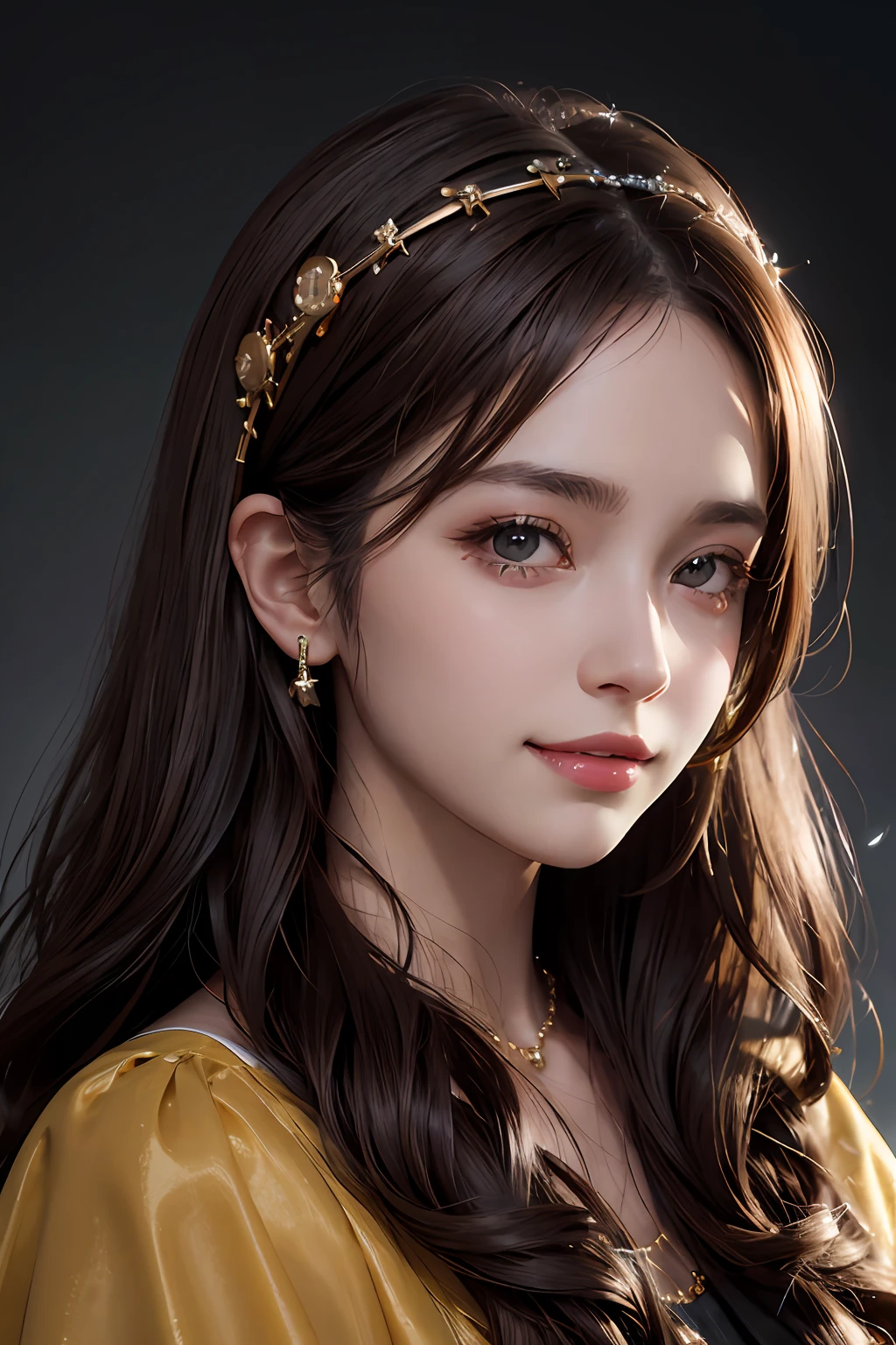 Brown hair, hair over shoulder, hair clips, colored contact lenses,   smiley, Jewelry,  Chiaroscuro, Cinematic lighting, NIKON, 85 mm, High quality, 8K, Best Quality, Super Detail