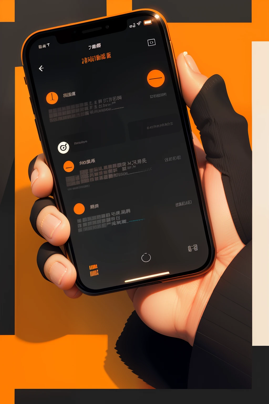 user interface design,iPhone 12,grid layout,High-contrast colors,Minimalist style,Black accent color,Orange accent color,Chinese text,Phone screenshot