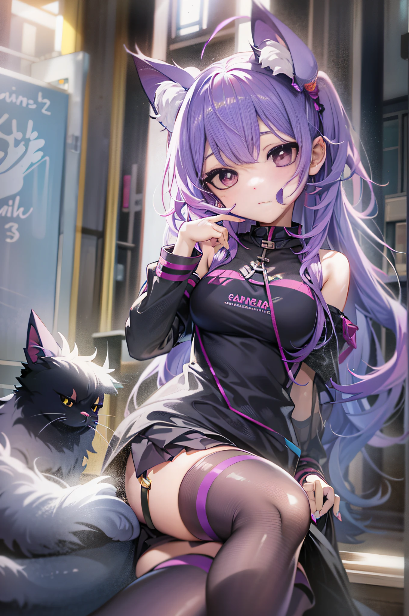 Anime girl with purple hair and black stockings sitting on bench, anime moe art style, style of anime4 K, Very beautiful anime cat girl, beautiful anime catgirl, cute anime catgirl, anime catgirl, anime girl with cat ears, Attractive cat girl, Anime art wallpaper 8 K, Best anime 4k konachan wallpaper, Badass anime 8 K