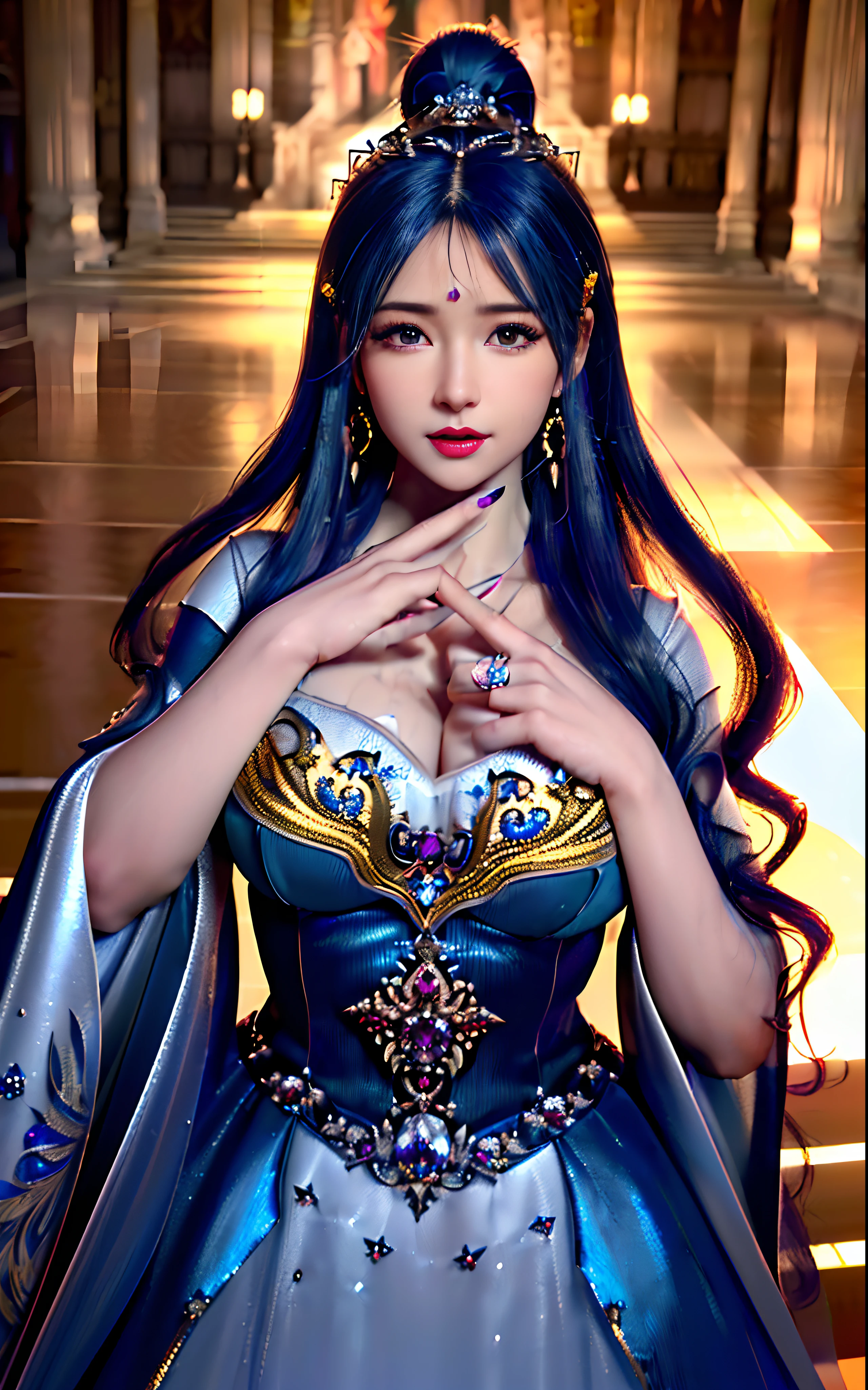 ((realisticity: 1.2)), ((realistic: 8K UHD)), ((best resolution: 8K UHD)), hyper detailed, best quality,masterpiece,highres,cg, ((1 girl hyper detailed and hyper realistic) ) , ((beautiful queen, hyper realistic and hyper detailed)),((white skin, beautiful, smooth, youthful, hyper realistic and hyper detailed )), ((Face hyper beautiful, white, hyper realistic and hyper detailed ) ), long hair, ((hyper realistic and hyper detailed dress)), solo, ((hyper realistic, hyper beautiful, beautiful and hyper detailed jewelry)), ((hyper beautiful deep red and golden yellow dress, hyper realistic and hyper detailed )) , ((Her pretty, hyper realistic, hyper detailed diamond filled earrings)), ((Her gorgeous diamond haircut, hyper realistic and hyper detailed)), ((hyper pretty upper body, hyper beautiful, hyper realistic and hyper detailed) ), ((medium breast: 1.1)), ((hyper realistic, hyper pretty, hyper detailed boobs)), ((the backgroun of the royal palace is hyper majestic, hyper realistic and hyper detailed)),((hands and palms hyper beautiful, hyper detailed, hyper realistic)), ((hyper detailed and hyper realistic fingers and fingernails)), ((hyper pretty fingernails, hyper vivid, hyper detailed, hyper realistic)), ((thumb, index finger, middle finger, ring finger, little finger hyper vivid, hyper pretty, hyper detailed, hyper realistic)),  
((hyper beautiful fingers, hyper detailed, and hyper realistic)), ((posture not too fat and not too thin, hyper realistic, hyper detail)), ((hyper pretty, hyper pretty, hyper realistic and hyper detailed hair bun)), ((hyper pretty , hyper realistic and hyper detailed blue hair)), candid, Photo, high resolution, 8k , bokeh,