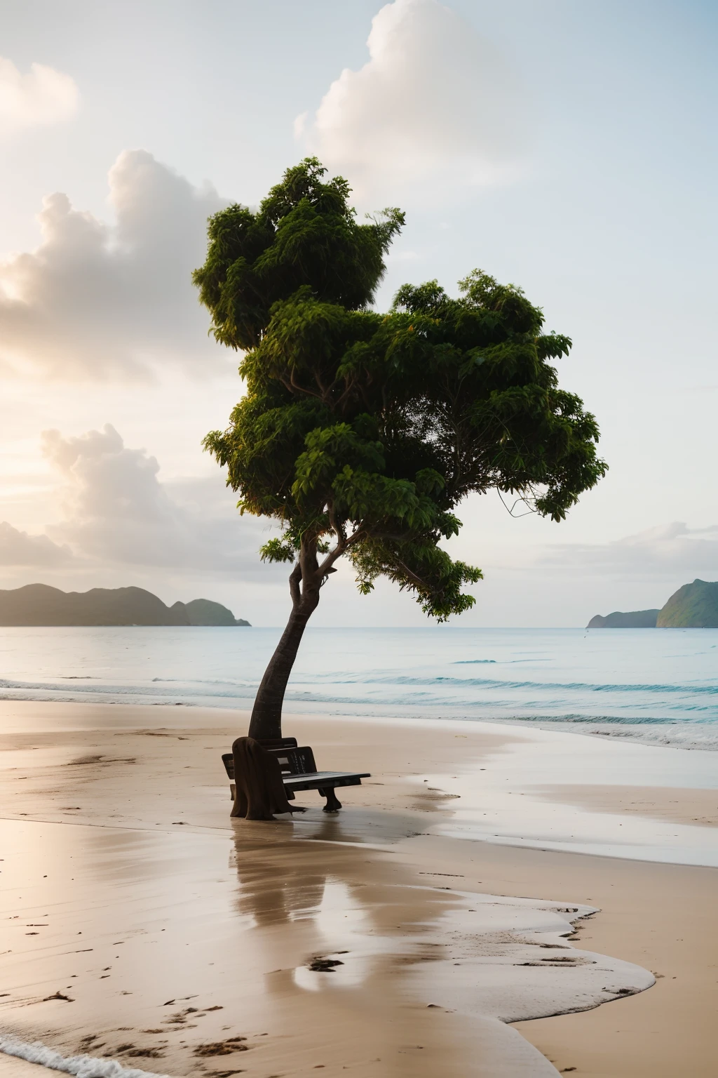 There are solitary trees on the beach with benches., The trees are on top of the calm sea., beach tree in the background, Solitary tree, In a beachfront environment, Single tree, Quiet environment, Quiet beach atmosphere, Fertile trees, beautiful environment, Calm environment, Beach landscape, Tropical climate, Beautiful trees, Quiet atmosphere, One Tree
