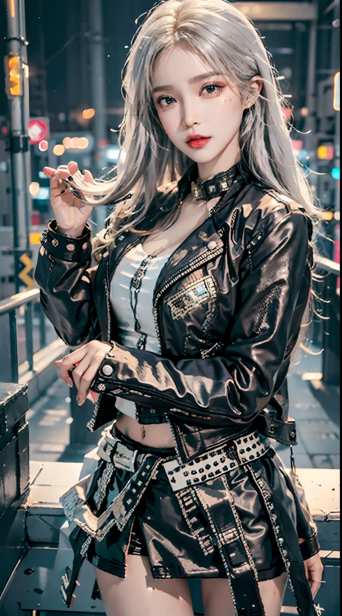 ulzzang-6500-v1.1,(original photo:1.2),(realistic:1.4),beautiful detailed girl,very detailed eyes and face,beautiful detail eyes,ridiculous,incredibly ridiculous,super detailed,high resolution,very detailed,best quality,masterpiece,illustration,very detailed,CG,unified,8k wallpaper,amazing,fine detail,masterpiece,best quality,face light,movie lights,1 girl,,((dynamic pose))),((sexy pose))),(camel toe),(pantyhose),(Leather_jacket_with_embellishments:1.5),(Sequin_mini_skirt:1.4),(Studded_heels:1.3),(Nightlife_disco_background:1.4),upper body,