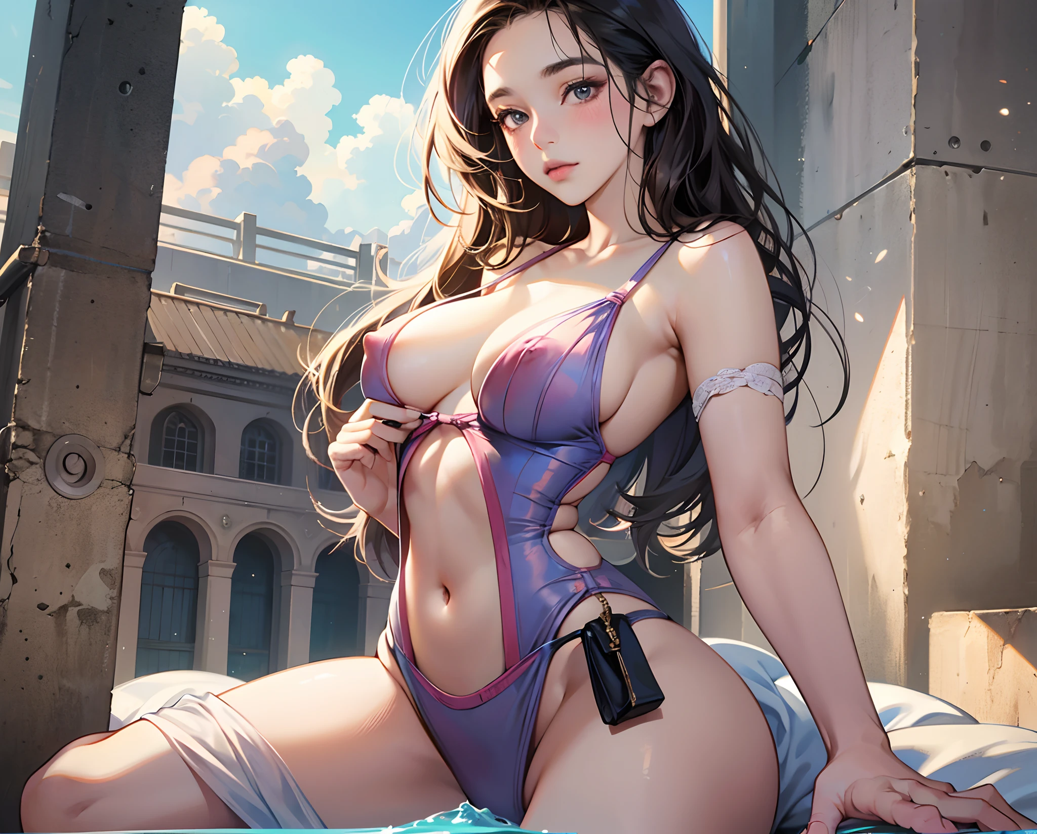 :(LS), (best quality), (ultra-detailed), (masterpiece), (best quality), (ultra-detailed), 1girl, ((areola big)),(one piece swimsuit),(ultra small swimsuit),((nipple show half out from swinsuit)),detail:areola1 .5 blush,( lingerie), big breasts, breast exploring)pouch stomach,(breast expansion),full body show,perfect face. ar art, soft light. --auto --s2