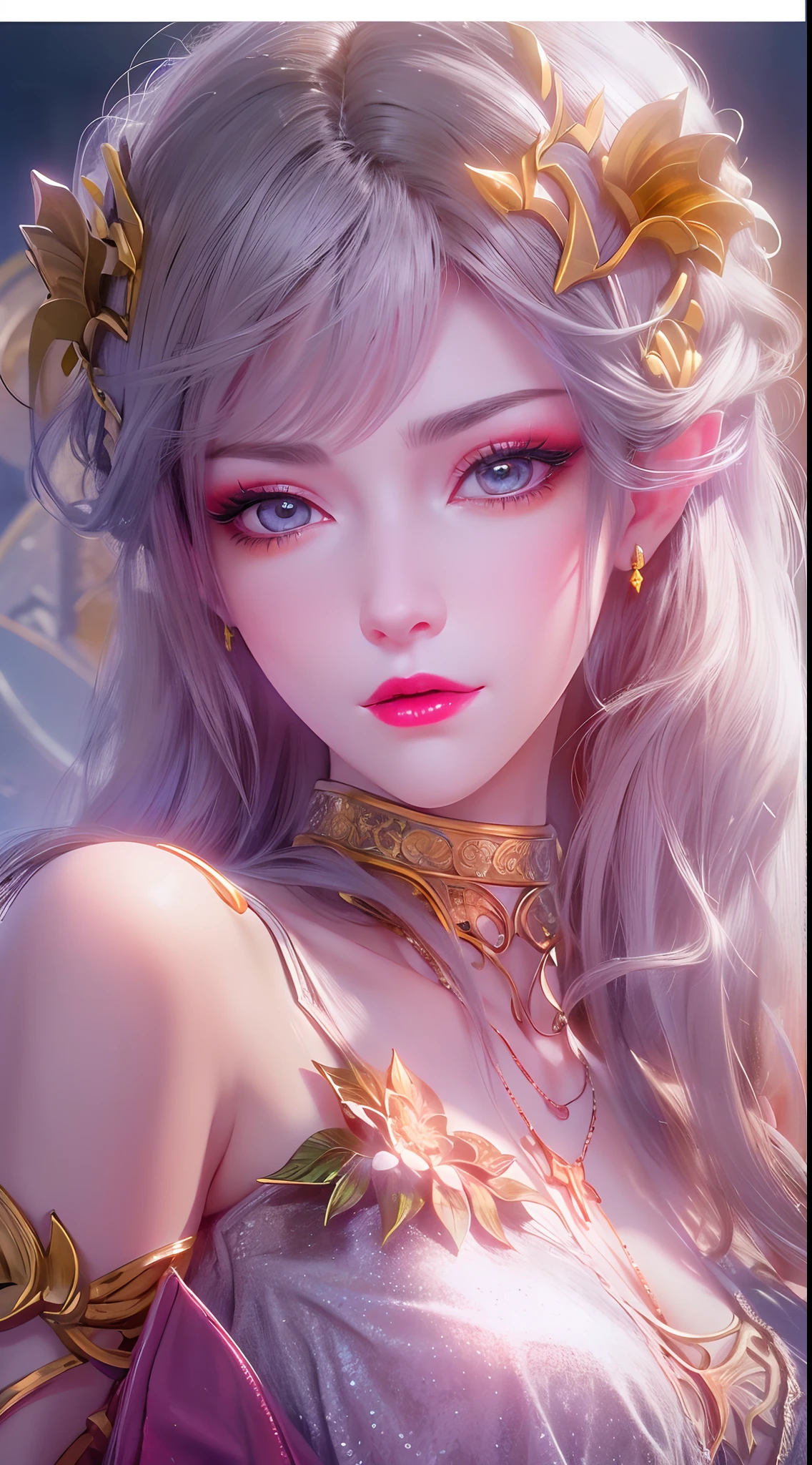 1 20 year old girl, 1 goddess Athena, pink purple silk dress, beautiful goddess Athena face without blemishes, delicate yellow nightgown, long thin sequin nightgown with many sexy black lace details, 1 beautiful thin red silk cloth half veil, female saint legend, female saint icon, beautiful goddess style glitter, dark and mysterious version, vermilion lips, plump red lips, not smiling, mouth closed, delicate and beautiful pino detailing, delicate and beautiful lip detail, , (pure and flawless face: 1.9), female saint body, round chest, big and round breasts, phoenix brooch, long flat bangs, (black long hair: 1.9), flower stickers tattoo on forehead, beautiful clear face and well-proportioned eyes, (light purple eyes: 1.8), (big round eyes and makeup, sexy wet eye makeup, very beautiful and meticulous hair makeup, long and delicate blonde hair, delicate, body image: 1.8), figure: and vivid, (stars that make up the sky: 1.7), (the sky of heaven and the fictitious gate of time and space: 1.8), fictional art, RAW photos, hanfu photos, best photos, high resolution, best quality, best photos, best goddess quality, 8k female, super 8 single saint portraits, truest color schemes, masterpieces, best beauty brands, best hair jewelry, brand real photo, dark studio, border light, two-tone lighting, (rose white skin: 1.4), (high skin detail: 1.1), 8k uhd, d slr, soft light, 8k, high quality, candid, volume Smooth and sharp, 10x pixel increase, sexy goddess, sexy goddess, (background space: 1.8), (most beautiful aurora eyes: 1.7), beautiful eyes, aurora beautiful and flowery, (beautiful single girl: 1.8), (more details:0.8),