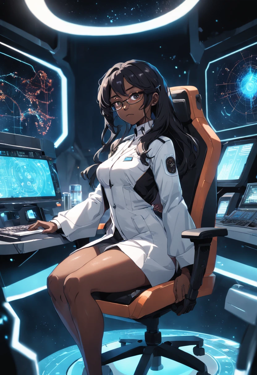 raw, wide angle, A 50-year-old man. Reddish black skin Shoulder-length wavy black hair, glasses, dark eyes, little beard. ,cyber black inner dress White Lab Coat, In the lab, sitting in a chair in front of a futuristic hologram computer, a brown coffee mug. Put on the table., The Hologram astronomical lab displays star data., hardware, Bright environment, Neon, ((cyberpunked))
