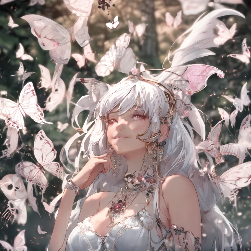 Kizi,long whitr hair,white color hair,hair adornments,Butterfly hairpin,largeeyes,Pink eyes,choker necklace,耳Nipple Ring,Open-mouthed,astonishment,In the room