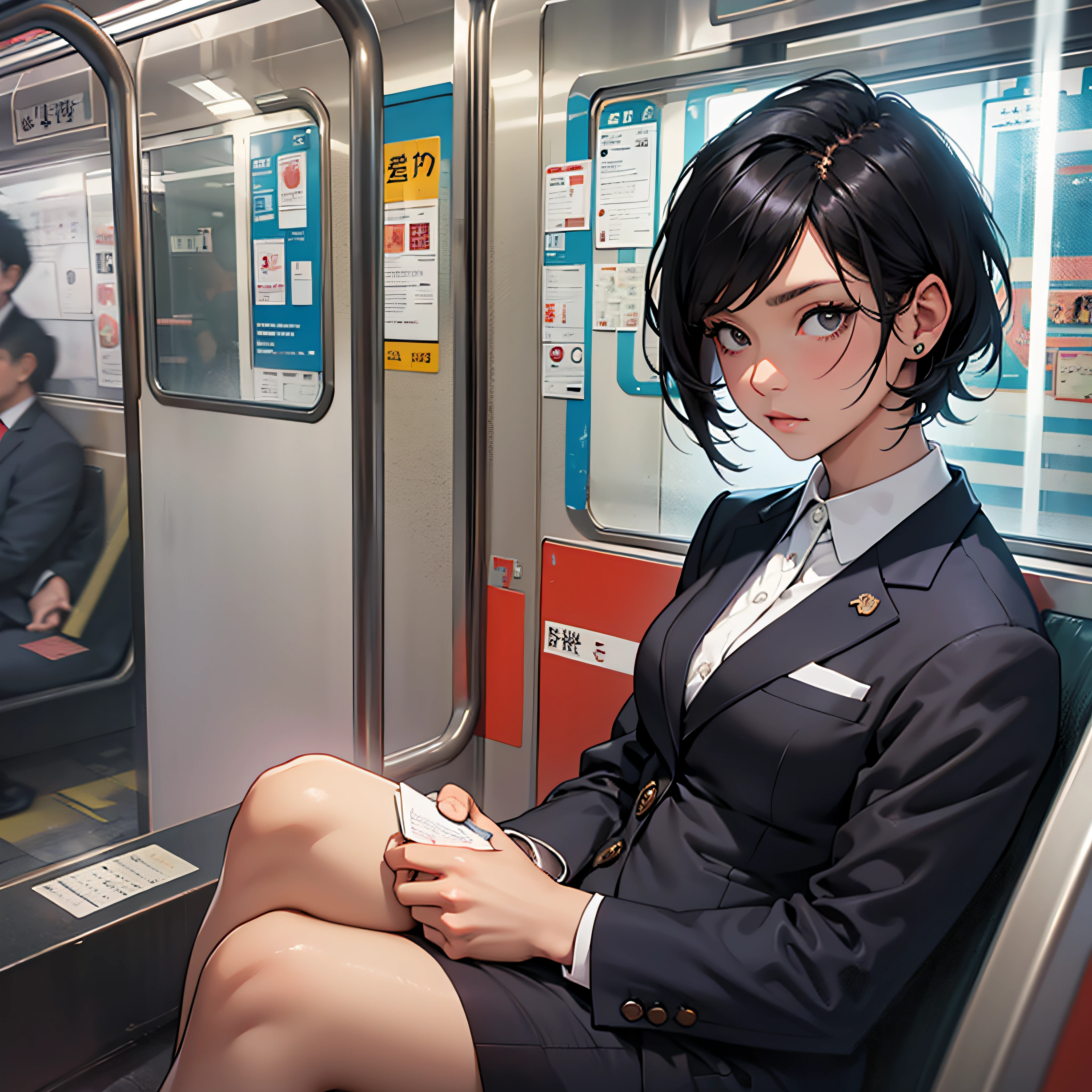 Woman dressed in suit, thoughtful look with very short black hair, sitting inside a tokio subway, light ray, beauty.