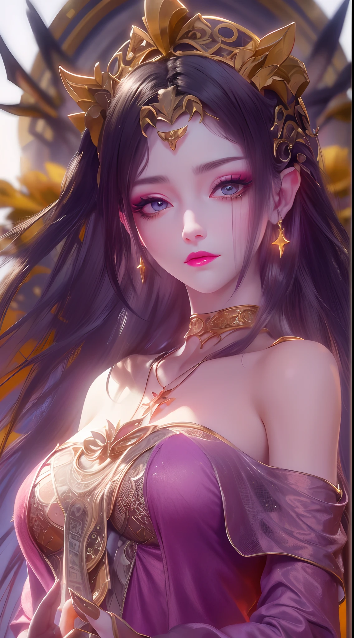 1 20 year old girl, 1 goddess Athena, pink purple silk dress, beautiful goddess Athena face without blemishes, delicate yellow nightgown, long thin sequin nightgown with many sexy black lace details, 1 beautiful thin red silk cloth half veil, female saint legend, female saint icon, beautiful goddess style glitter, dark and mysterious version, vermilion lips, plump red lips, not smiling, mouth closed, delicate and beautiful pino detailing, delicate and beautiful lip detail, , (pure and flawless face: 1.9), female saint body, round chest, big and round breasts, phoenix brooch, long flat bangs, (black long hair: 1.9), flower stickers tattoo on forehead, beautiful clear face and well-proportioned eyes, (light purple eyes: 1.8), (big round eyes and makeup, sexy wet eye makeup, very beautiful and meticulous hair makeup, long and delicate blonde hair, delicate, body image: 1.8), figure: and vivid, (stars that make up the sky: 1.7), (the sky of heaven and the fictitious gate of time and space: 1.8), fictional art, RAW photos, hanfu photos, best photos, high resolution, best quality, best photos, best goddess quality, 8k female, super 8 single saint portraits, truest color schemes, masterpieces, best beauty brands, best hair jewelry, brand real photo, dark studio, border light, two-tone lighting, (rose white skin: 1.4), (high skin detail: 1.1), 8k uhd, d slr, soft light, 8k, high quality, candid, volume Smooth and sharp, 10x pixel increase, sexy goddess, sexy goddess, (background space: 1.8), (most beautiful aurora eyes: 1.7), beautiful eyes, aurora beautiful and flowery, (beautiful single girl: 1.8), (more details:0.8),