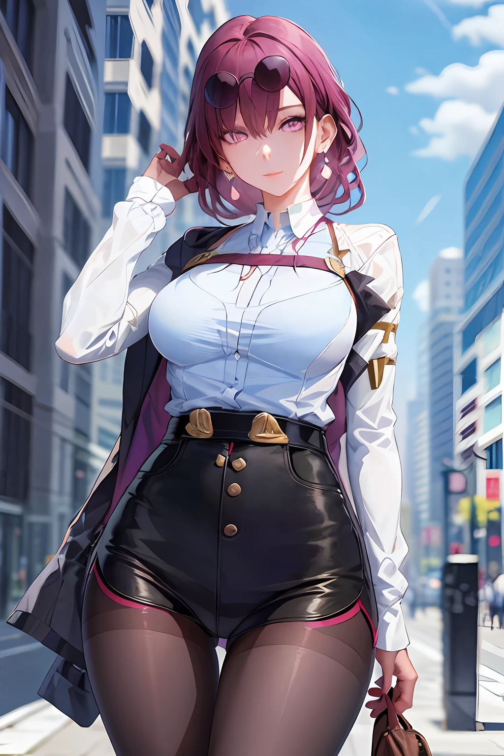 masterpiece, best quality, 1girl, skinny, large breasts, official,shirt, (undressing:1.4), pantyhose, eyewear on head, purple eyes, empty eyes, earrings, street