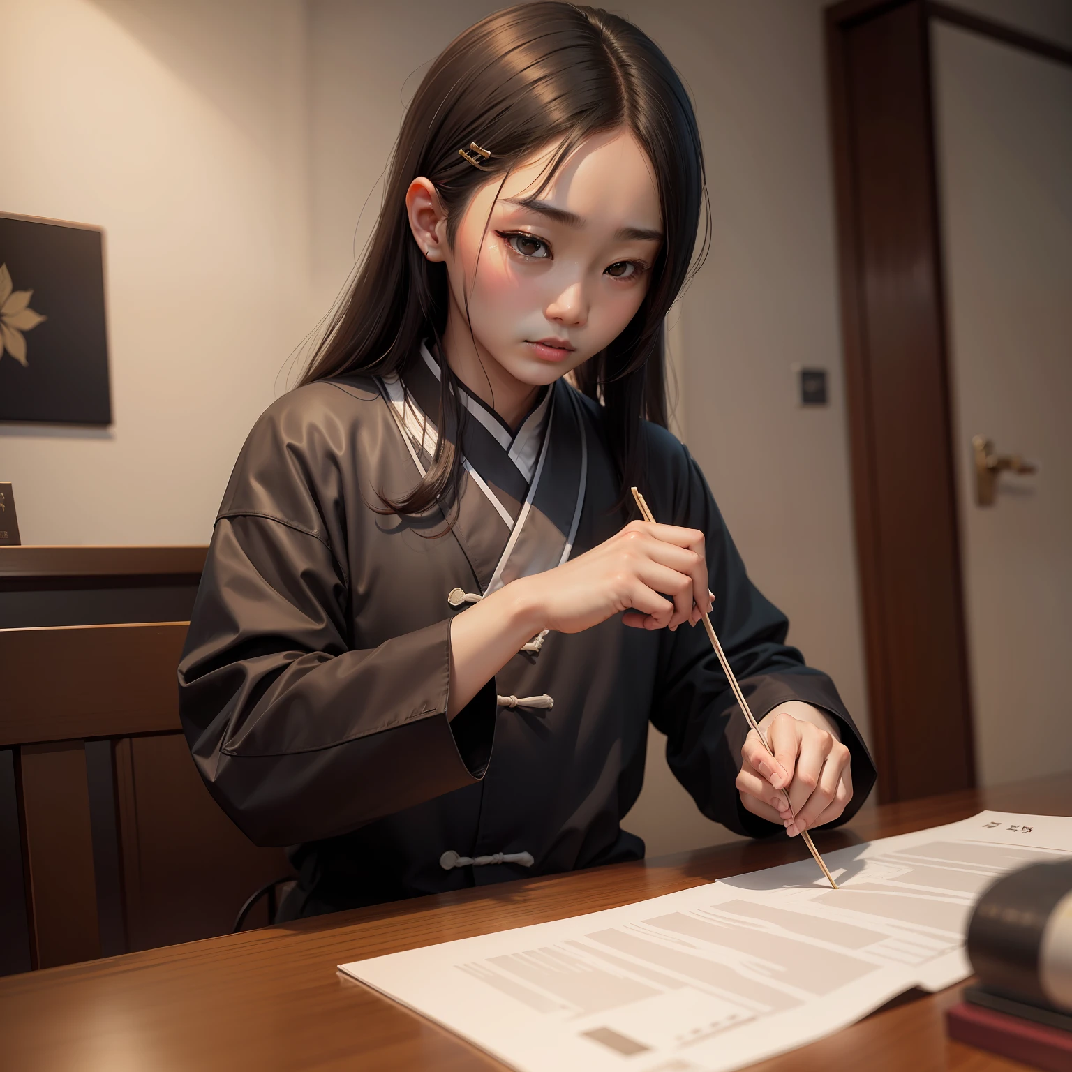A girl writes Chinese characters with a brush on her desk, Has very, very long black hair, Draped with hair, Ray tracing, reflective light, Depth of field, hyper HD, 8K, Super detail, High details, Best quality, High quality, from side view, The sun shines outside the window