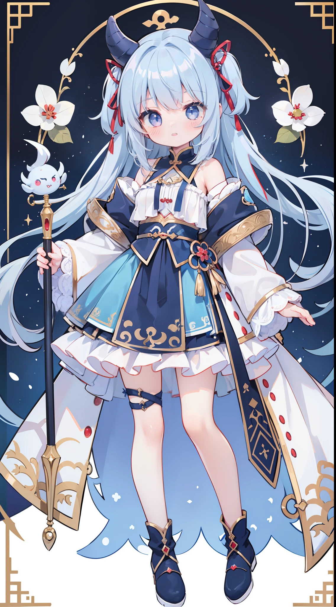 1 girl in、((full body Esbian、Standing picture))、bluish-gray hair. Bangs. Long bangs. Odd eyes in blue and red. White Devil Taoist. holding a staff. Whole body. Confident expression. White boots. White background. Only one girl. Cute Girl. Vivid colors. High image quality.
