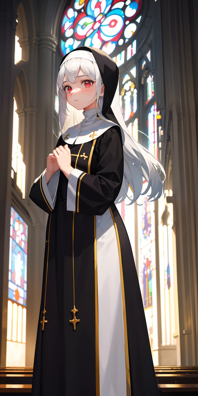 1girl, with light glowing, sidelighting, Kizi，youngest daughter，Nun costume，White hair and red eyes，Internal background of church，Colored cathedral glass，Super cute，A worried expression，The church is bright，high-definition，Put your hands on your chest，standing position