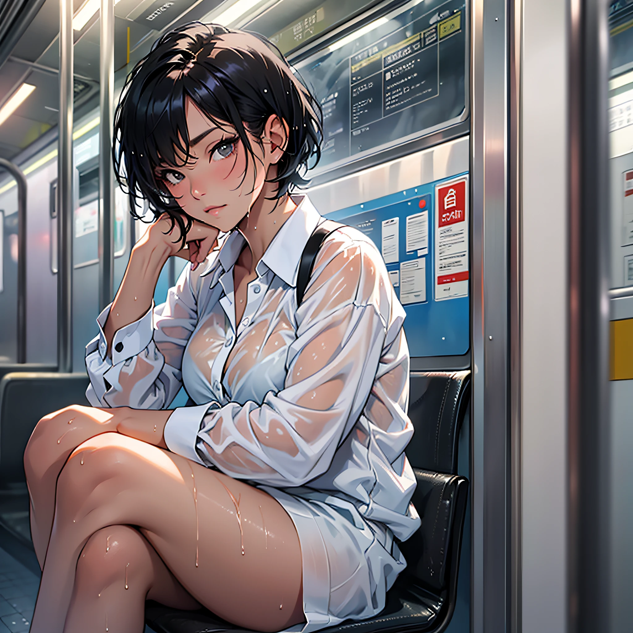 Woman dressed in white shirt, thoughtful look with very short black hair, sitting inside a tokio subway, light ray, beauty, hot, sexy, wet