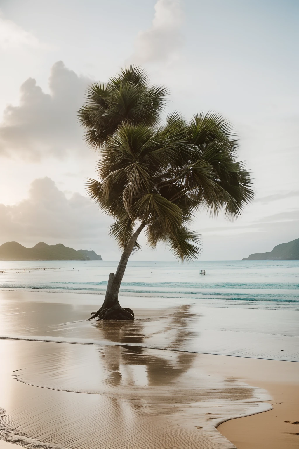 There are solitary trees on the beach with benches.., The trees are on top of the calm sea.., beach tree in the background, Solitary tree, In a beachfront environment, Single tree, Quiet environment, Quiet beach atmosphere, Fertile trees, beautiful environment, Calm environment, Beach landscape, Tropical climate, Beautiful trees, Quiet atmosphere, One Tree