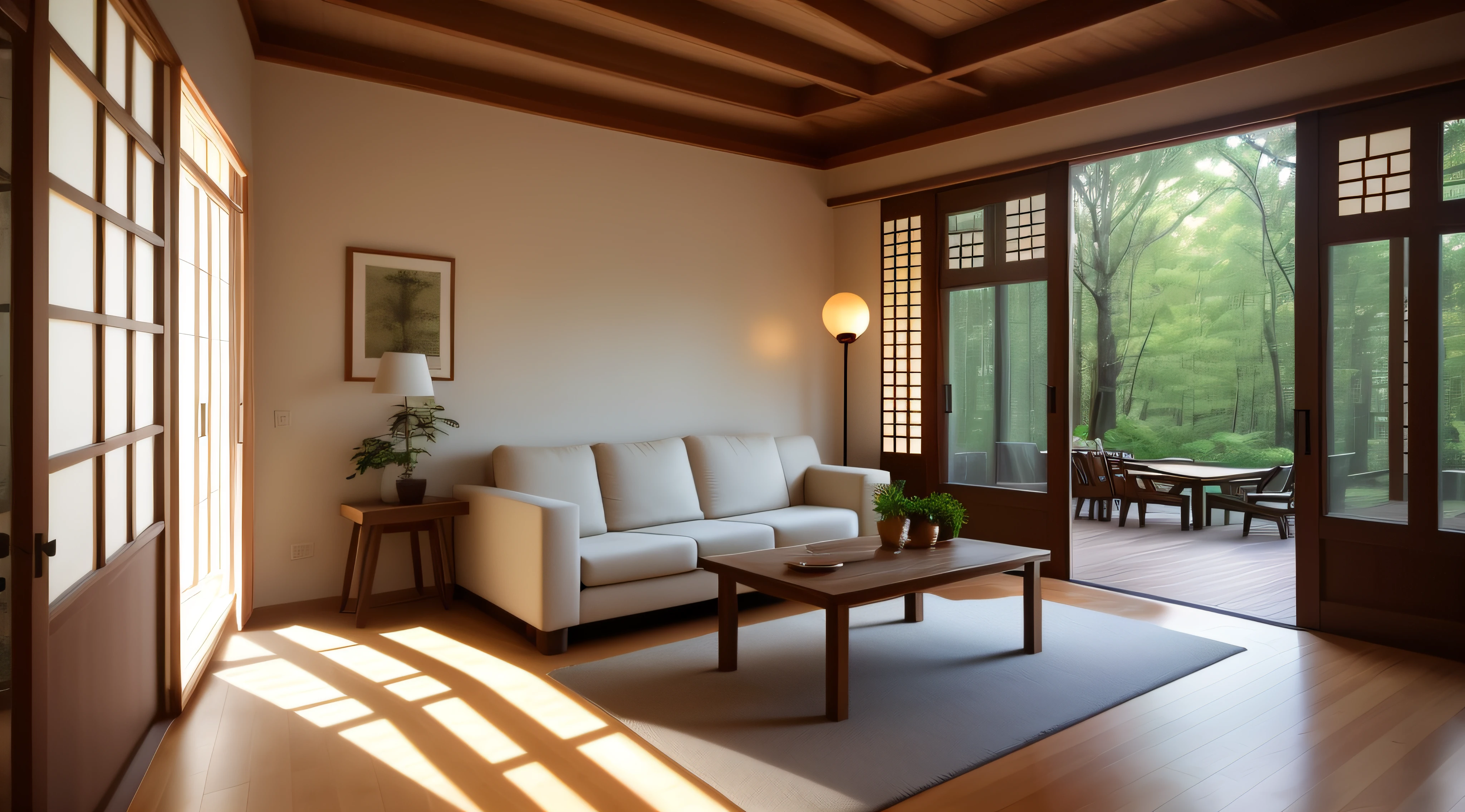 Interior design,insanely detailed wide angle architecture photography, cozy contemporary living room,(bright warm sunlight 1:0.1), award-winning contemporary interior design, scenery, table, chair, indoors, wooden floor, window, restaurant, east asian architecture, sliding doors, lamp, architecture, forest, nature, cup, plant,INTERIOR DESIGN,intersting lights and shadows, Depth of Field,low light, ,