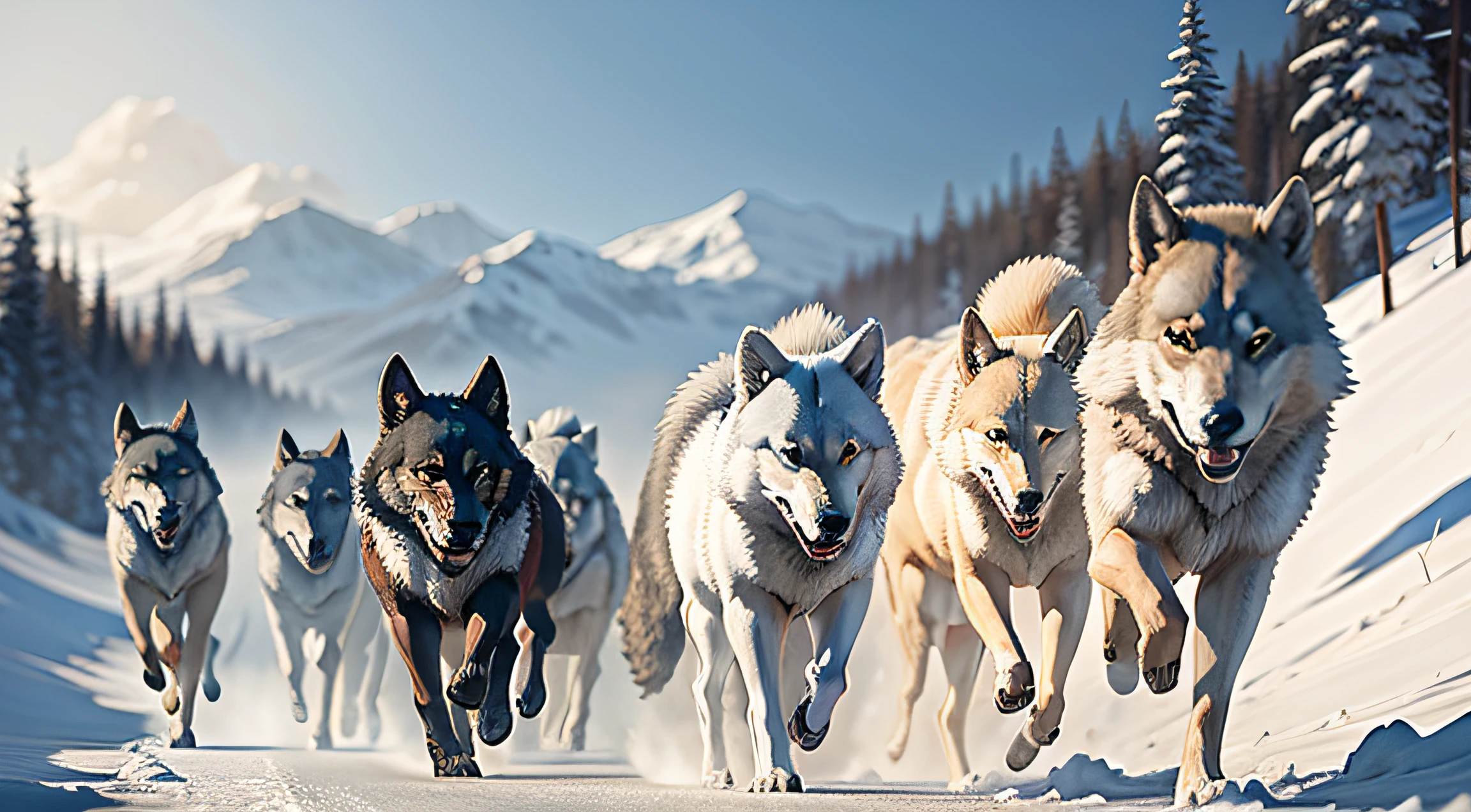 A pack of wolves is running