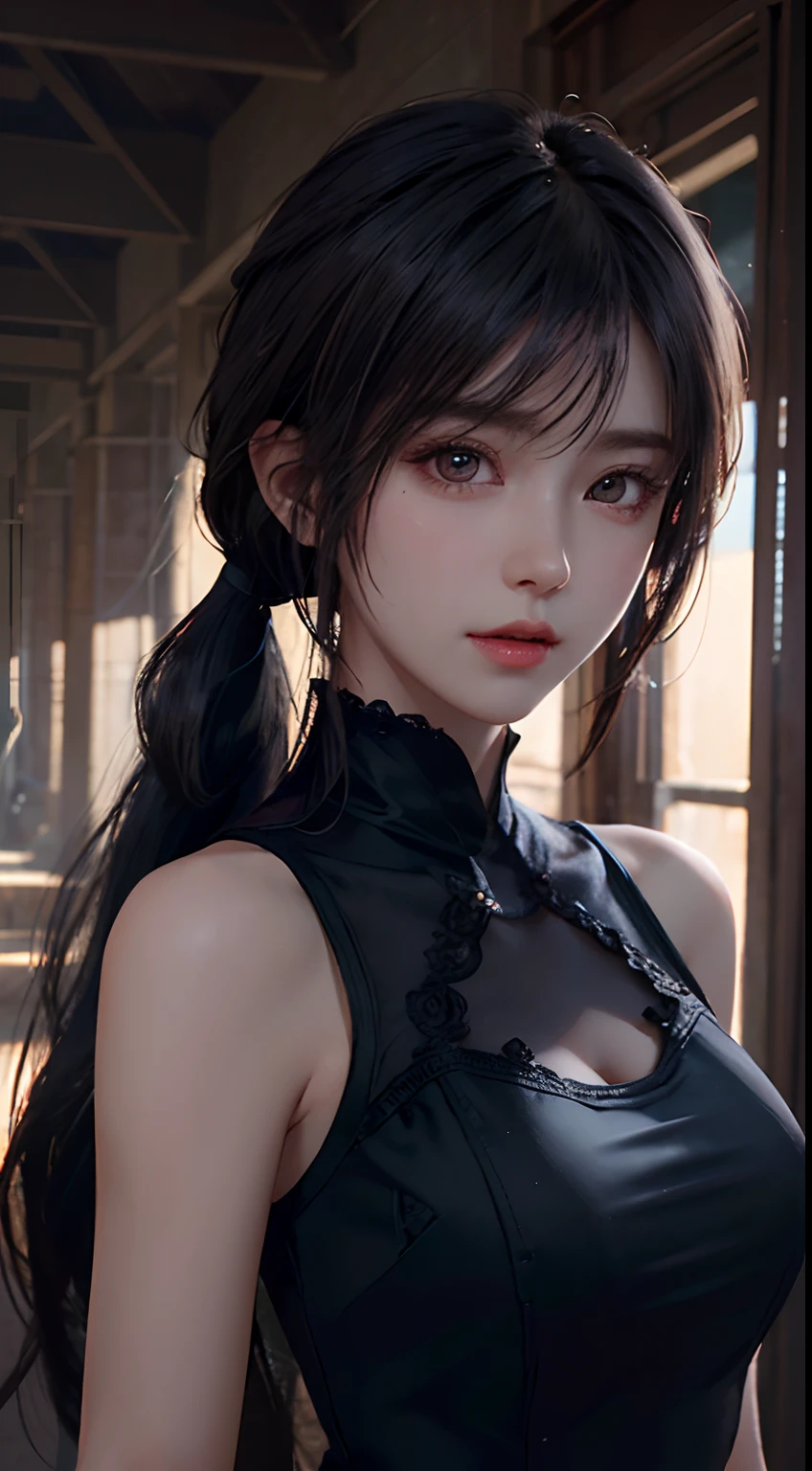 long eyelasher, solid circle eyes,  pony tails, Hair is shiny and dark, Black eyes，Delicate faces, surrealism, shadowing, anaglyph, stereograms,  angle of view, Atmospheric perspective, 8K, Super detail, ccurate, Best quality，1girll，On campus，mediuml breasts，black long dress