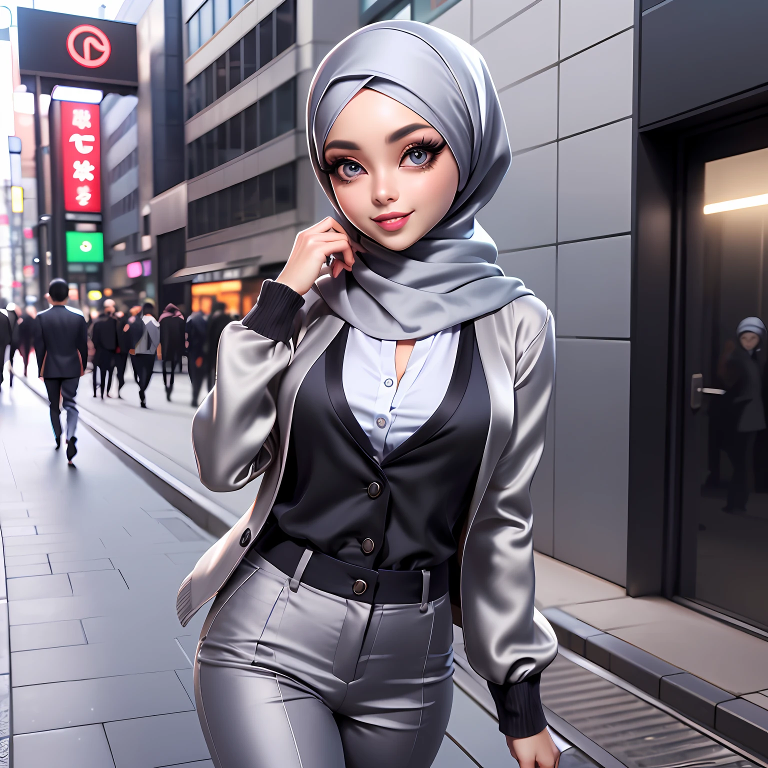 Masterpiece, Best Quality, 3D Rip Artwork, 3DMM Style, Portrait, Realism, a woman beautifully makeup, eyeshadow, Parted Lips, Detailed Eyes, beautiful big eyes, long eye lashes, smile wearing (black satin headscarf), loosely tide hijab style, ((gray satin Office Suits)), long pants, long cardigan, walking on tokyo shibuya street