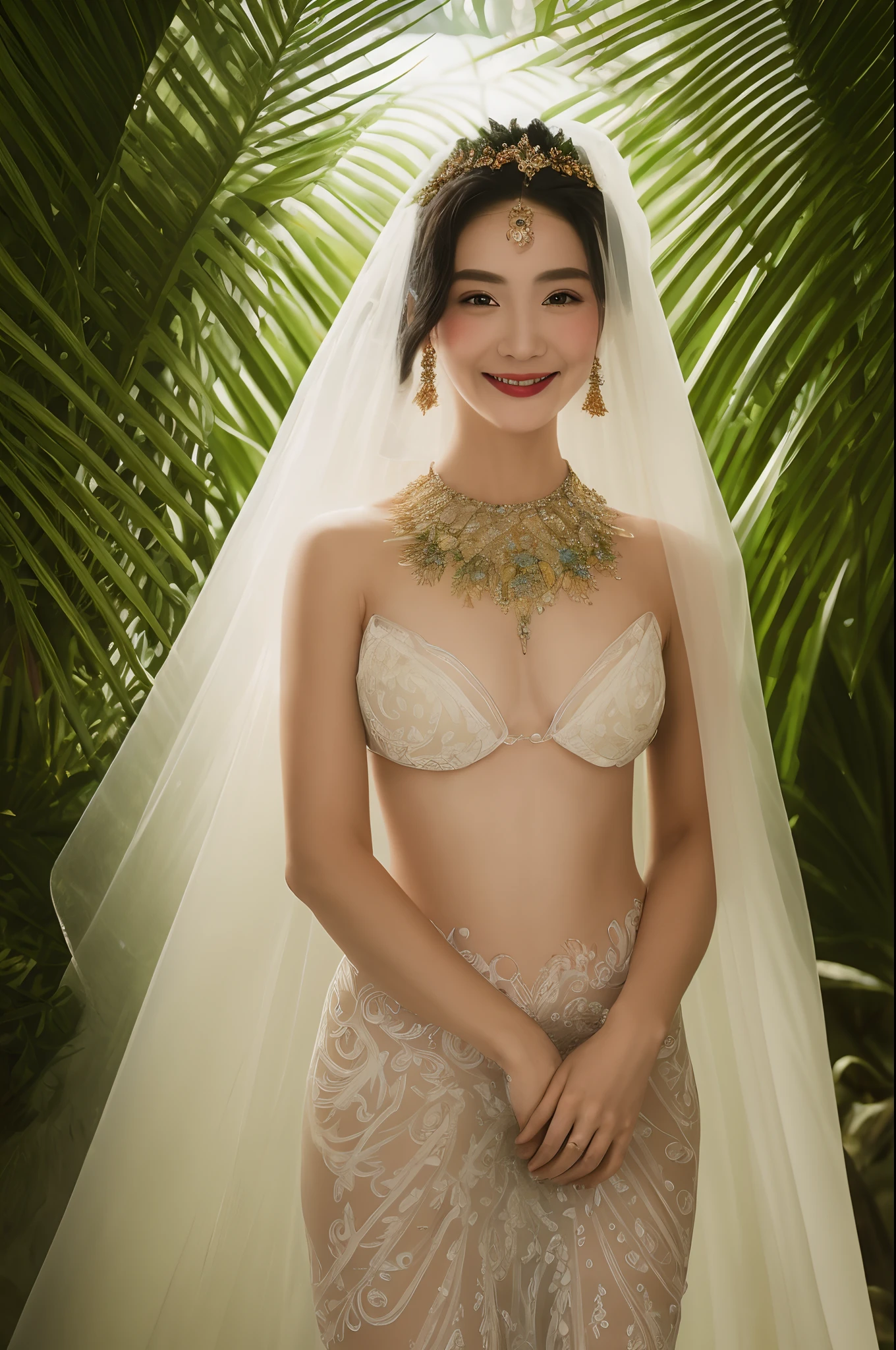 1girl, (face veil,mouth veil:1) ,dancer,masterpiece,bride,bride,(portrait:1.4), high quality, tropical palace ,(masterpiece:1.2),(best quality:1.2),shiny skin,(see-through),realistic,smile ,ornate,intricate,looking at viewer
