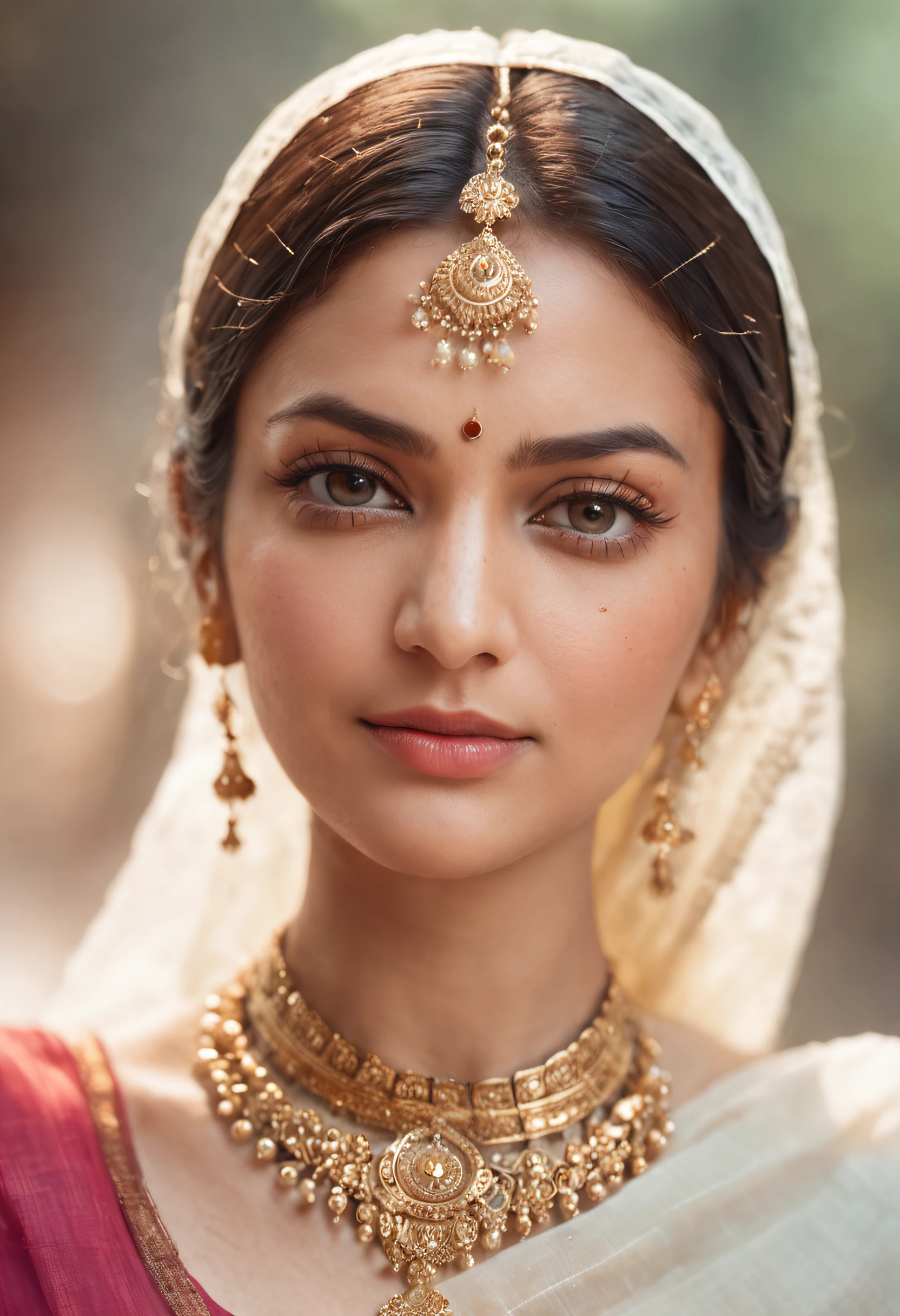 An ultra realistic portrait of a very beautiful woman in translucent saree ,hyper detail, cinematic lighting, 4k, 8k, ultra realistic, high resolution, ultra hd, super realistic, sharp, good quality, Movie like, attractive, glowing, cute, sizzling, charming, jwellery, necklace, forehead jwellery, sunlight, sparks, glossy, dust particles , 3D look, sunshine, feathers, HD, flowers,Glowing hair, fireflies,blur background, temple, crowds, butterflies, glossy eyes