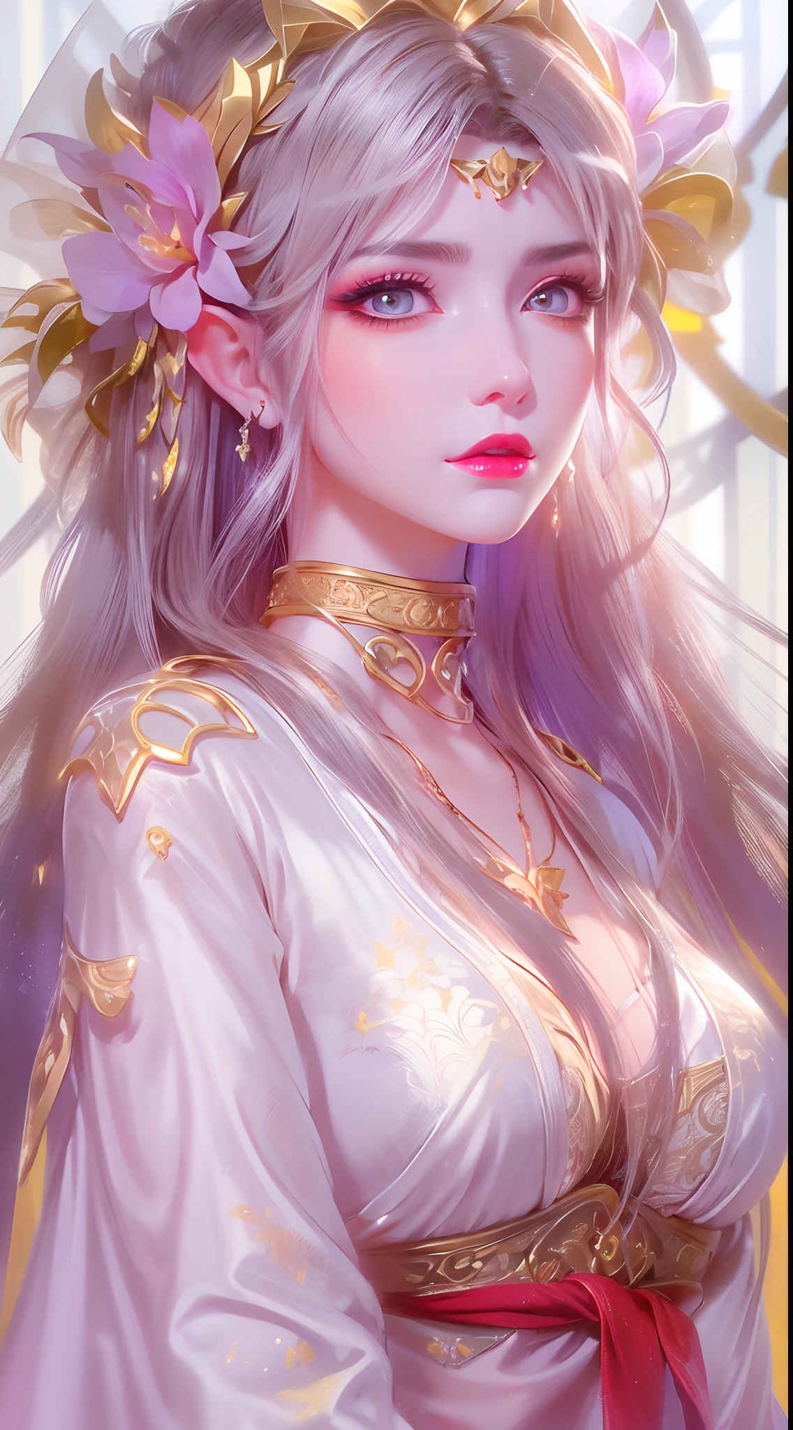 Realistic, (巨作, Top quality, Best quality, Art officiel, Beautiful and aesthetic:1.2), intensely detailed，s fractal art，rich colour，Most detailed，dynamic angle，（Fairy on the clouds）1 god girl，The Queen，Light pink hair，a Mandala，Bright eye，Hair combed back, happy tears, hime cut, seductive smile, wide-eyed, Glowing eyes, upturned eyes, long eyelash，hair flower, hair ornament，glaring，White translucent robe，Open cloth，fromabove