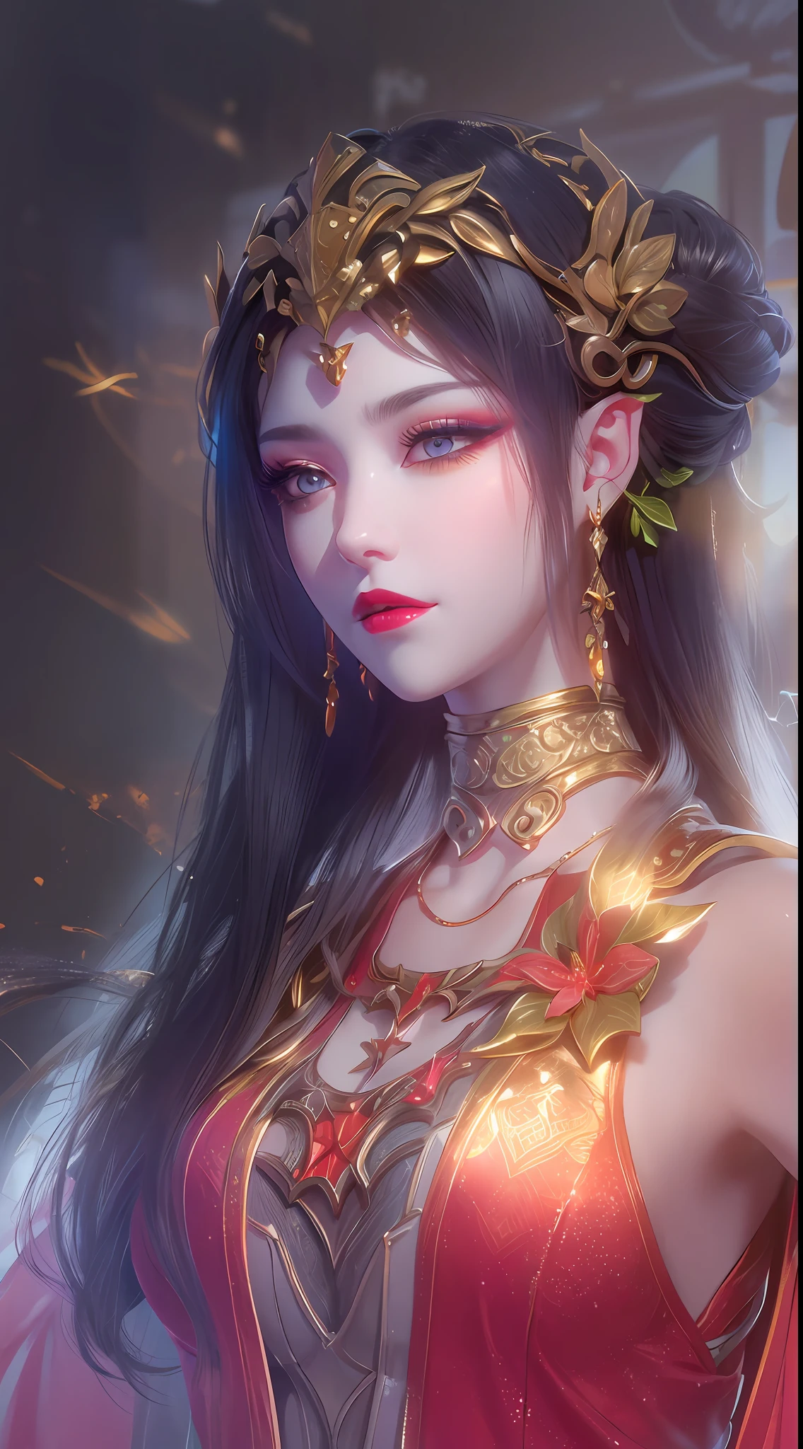 1 20 year old girl, 1 goddess Athena, pink purple silk dress, beautiful goddess Athena face without blemishes, delicate yellow nightgown, long thin sequin nightgown with many sexy black lace details, 1 beautiful thin red silk cloth half veil, female saint legend, female saint icon, beautiful goddess style glitter, dark and mysterious version, vermilion lips, plump red lips, not smiling, mouth closed, delicate and beautiful pino detailing, delicate and beautiful lip detail, , (pure and flawless face: 1.9), female saint body, round chest, big and round breasts, phoenix brooch, long flat bangs, (black long hair: 1.9), flower stickers tattoo on forehead, beautiful clear face and well-proportioned eyes, (light purple eyes: 1.8), (big round eyes and makeup, sexy wet eye makeup, very beautiful and meticulous hair makeup, long and delicate blonde hair, delicate, body image: 1.8), figure: and vivid, (stars that make up the sky: 1.7), (the sky of heaven and the fictitious gate of time and space: 1.8), fictional art, RAW photos, hanfu photos, best photos, high resolution, best quality, best photos, best goddess quality, 8k female, super 8 single saint portraits, truest color schemes, masterpieces, best beauty brands, best hair jewelry, brand real photo, dark studio, border light, two-tone lighting, (rose white skin: 1.4), (high skin detail: 1.1), 8k uhd, d slr, soft light, 8k, high quality, candid, volume Smooth and sharp, 10x pixel increase, sexy goddess, sexy goddess, (background space: 1.8), (most beautiful aurora eyes: 1.7), beautiful eyes, aurora beautiful and flowery, (beautiful single girl: 1.8), (more details:0.8),
