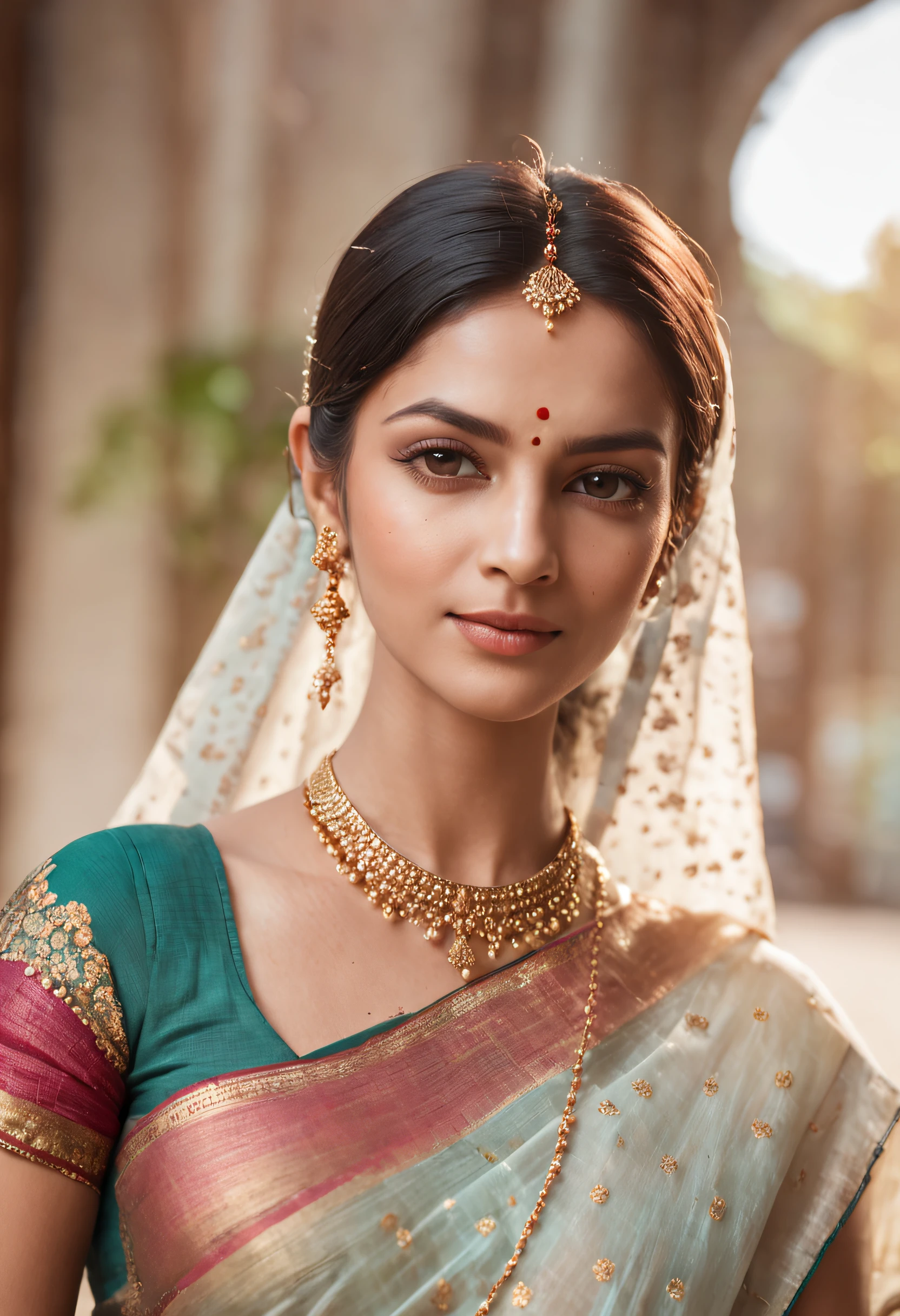 An ultra realistic portrait of a very beautiful woman in translucent saree ,hyper detail, cinematic lighting, 4k, 8k, ultra realistic, high resolution, ultra hd, super realistic, sharp, good quality, Movie like, attractive, glowing, cute, sizzling, charming, jwellery, necklace, forehead jwellery, sunlight, sparks, glossy, dust particles , 3D look, sunshine, feathers, HD, flowers,Glowing hair, fireflies,blur background, temple, crowds, butterflies, glossy eyes