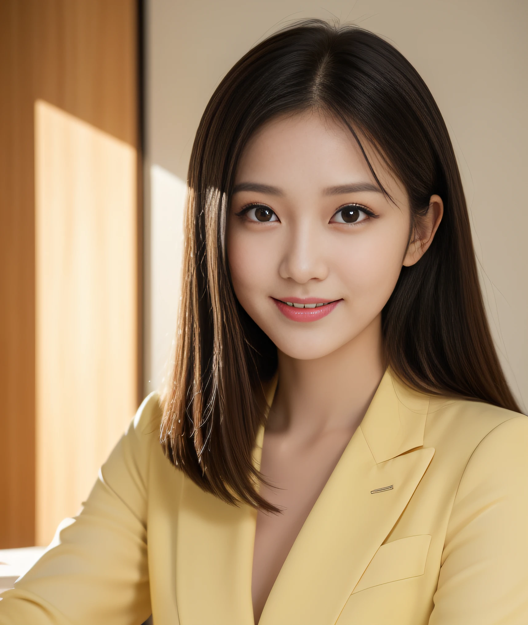 ((best quality, 8K, masterpiece: 1.3)), beautiful girl, pure, melon face, kind and cute, sweet smile, pure desire, slender body, (front), (tilted head), ((looking at camera) ), wearing a yellow suit, black silky medium hair, long flowing shoulders, round black big eyes, clear big eyes, moist red lips, sweet, sitting in a office, office background, front view Turning around and looking directly at the camera, ((((whole body)))),