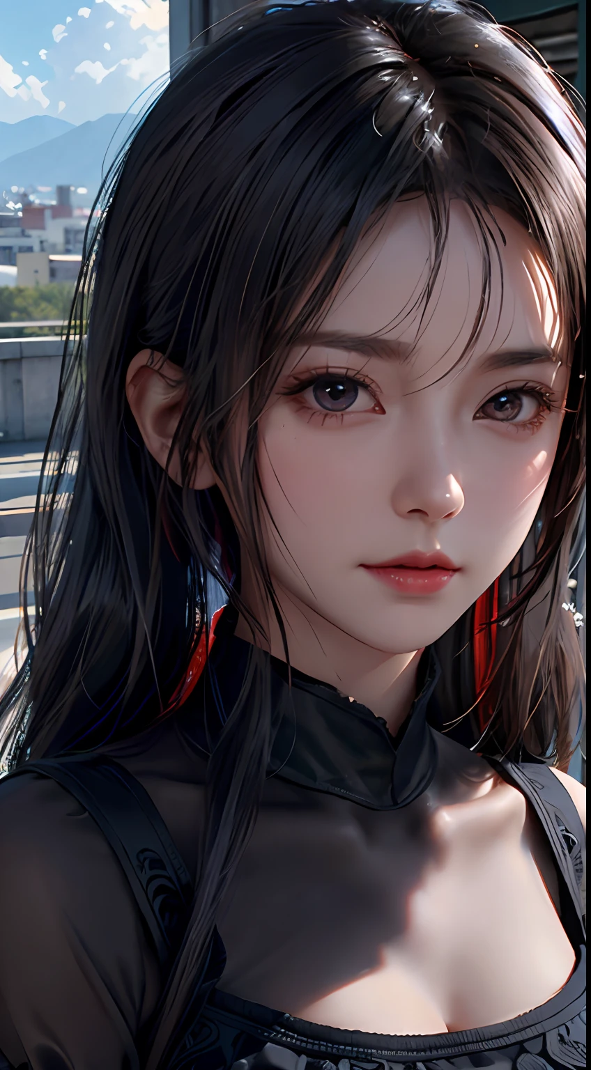 long eyelasher, solid circle eyes, pony tails, Hair is shiny and dark, Black eyes,Delicate faces, surrealism, shadowing, anaglyph, stereograms, angle of view, Atmospheric perspective, 8K, Super detail, ccurate, Best quality,1girll,On campus,mediuml breasts,black long dress